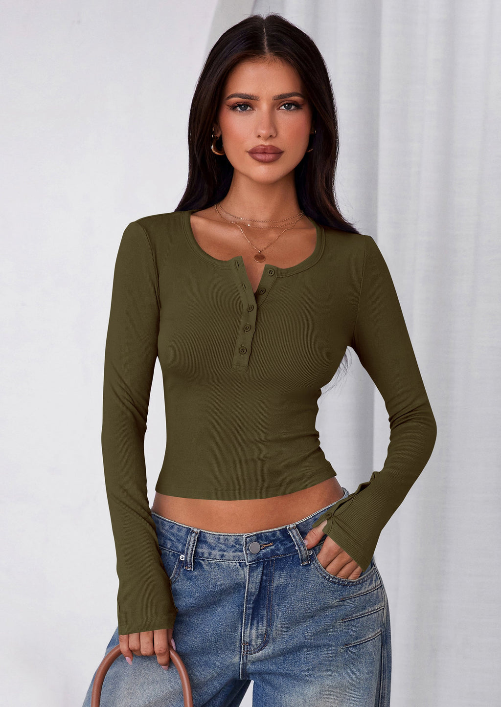 Women's Summer Long Sleeve Henley T Shirts Ribbed Knit Button Slim Fitted Basic Casual Going Out Fall Tops