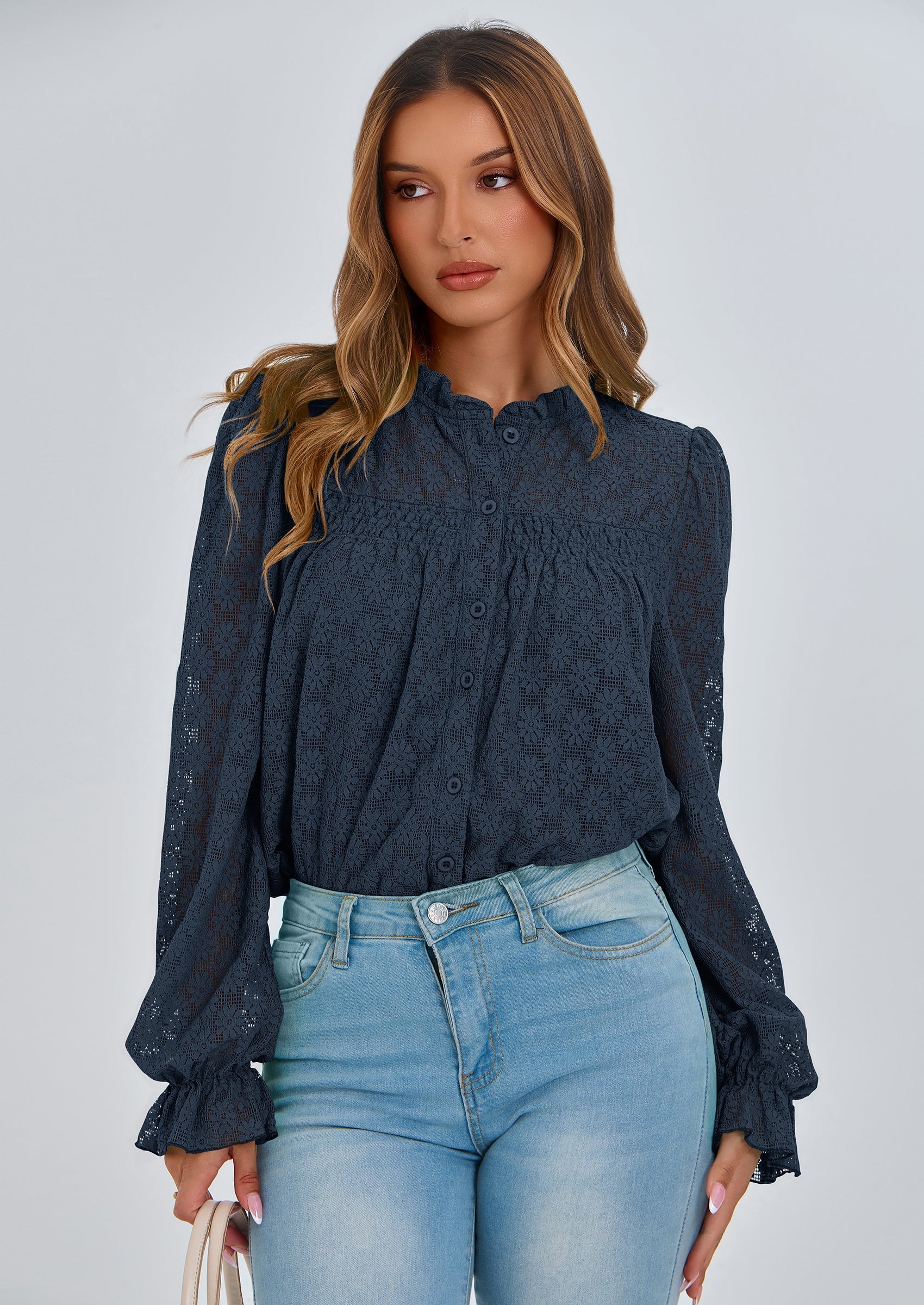 Lace Long Sleeve Tops for Women Eyelet Blouses Dressy Casual Hollow Out Button Down Shirts Summer Outfits