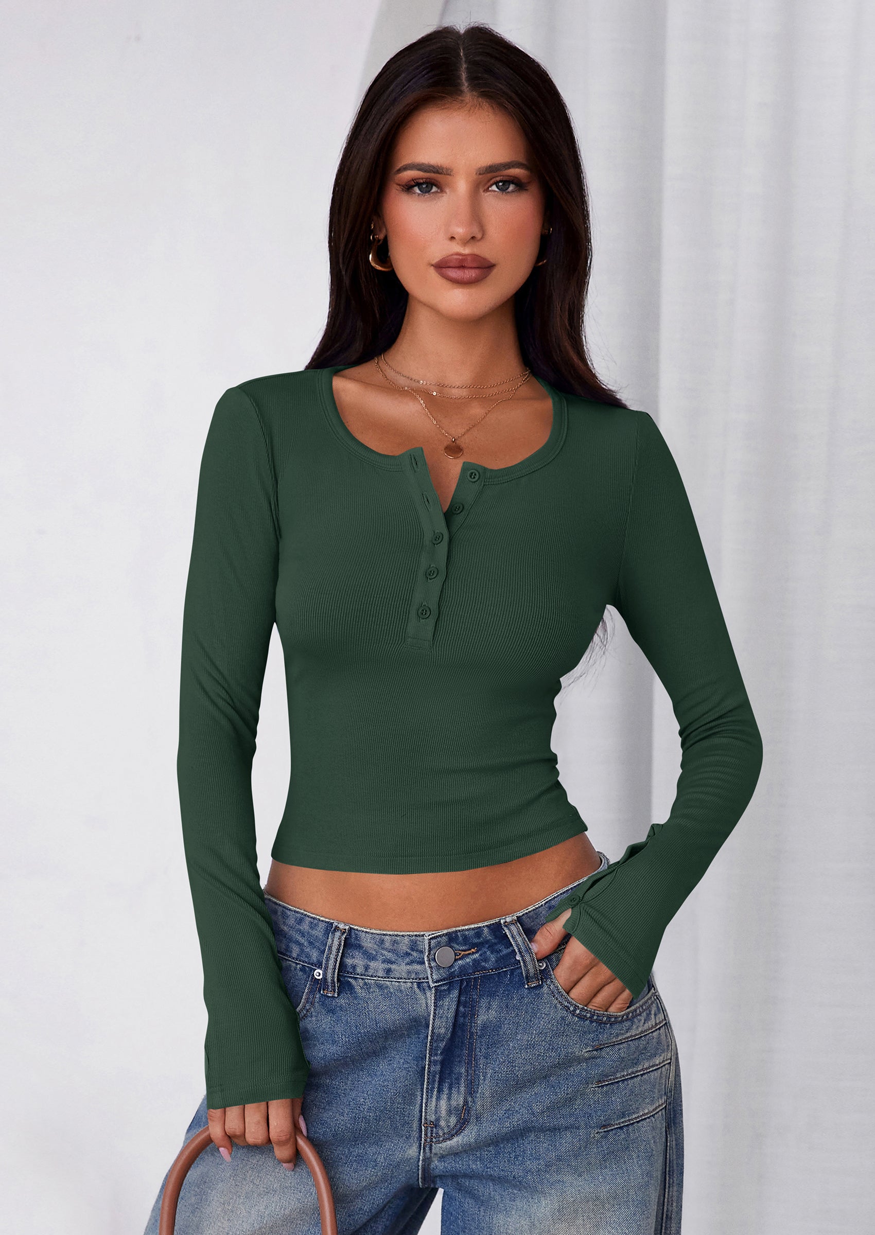 Women's Summer Long Sleeve Henley T Shirts Ribbed Knit Button Slim Fitted Basic Casual Going Out Fall Tops