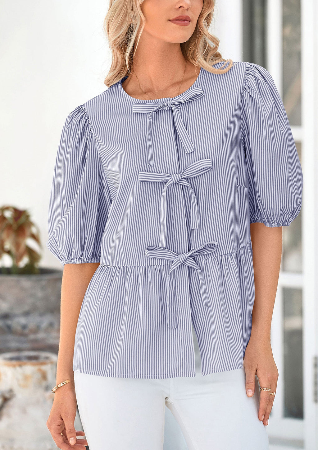 Women's Tie Front Striped Shirt Summer Trendy Fashion Cute Babydoll Tops Peplum Puffy Sleeve Blouse