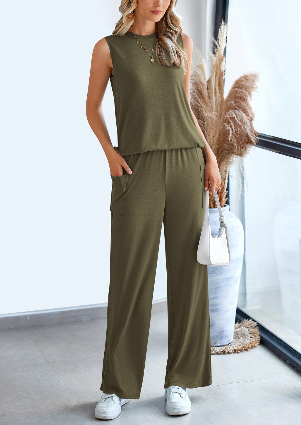 2 Piece Set Loose Tank Top Wide Leg Pants Casual Matching Outfits Tracksuit