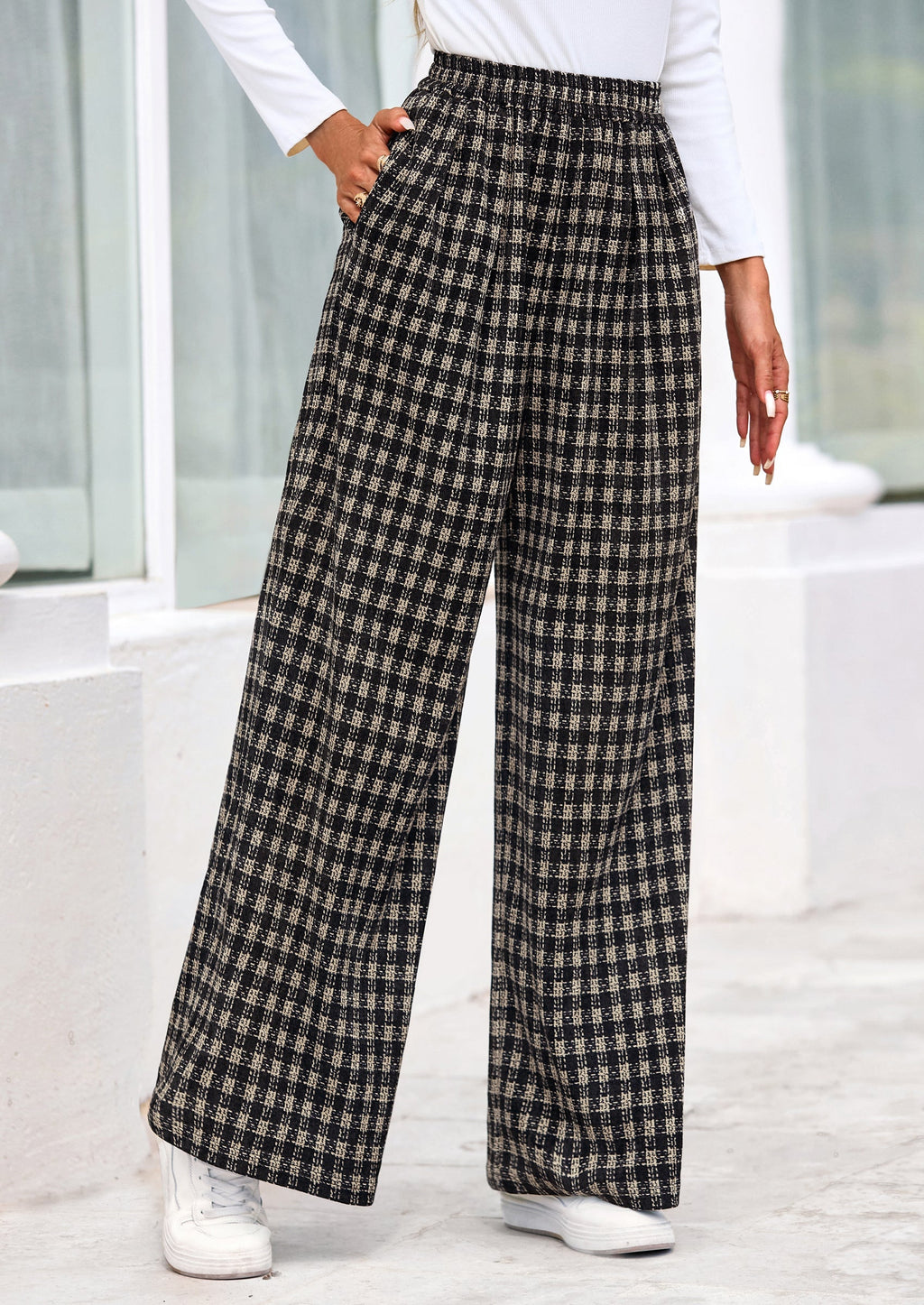 Casual Women's Pants Elastic Waist Palazzo Long Stretchy Wide Leg Trousers Knit Fall Outfits with Pockets