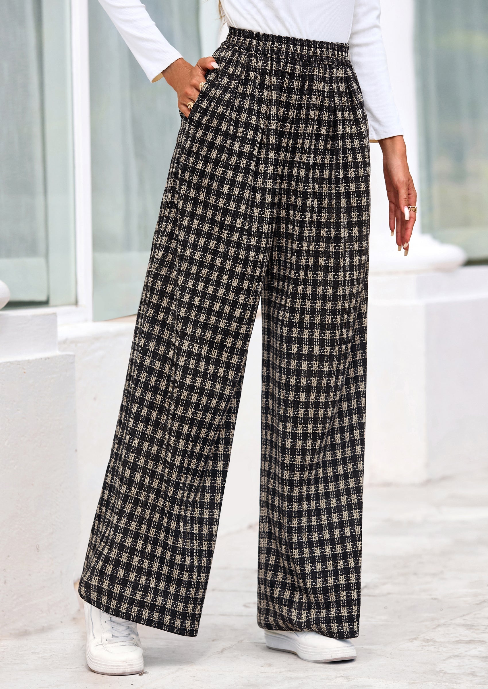 Casual Women's Pants Elastic Waist Palazzo Long Stretchy Wide Leg Trousers Knit Fall Outfits with Pockets