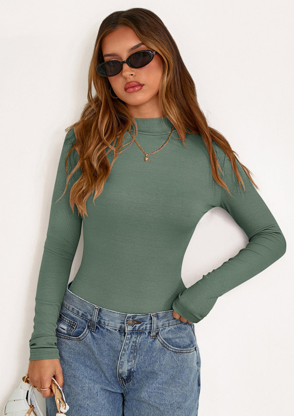 Women's Turtleneck Long Sleeve Shirts Fall Basic Tees Ribbed Fitted Tops Thermal Layering Knit Top Clothes
