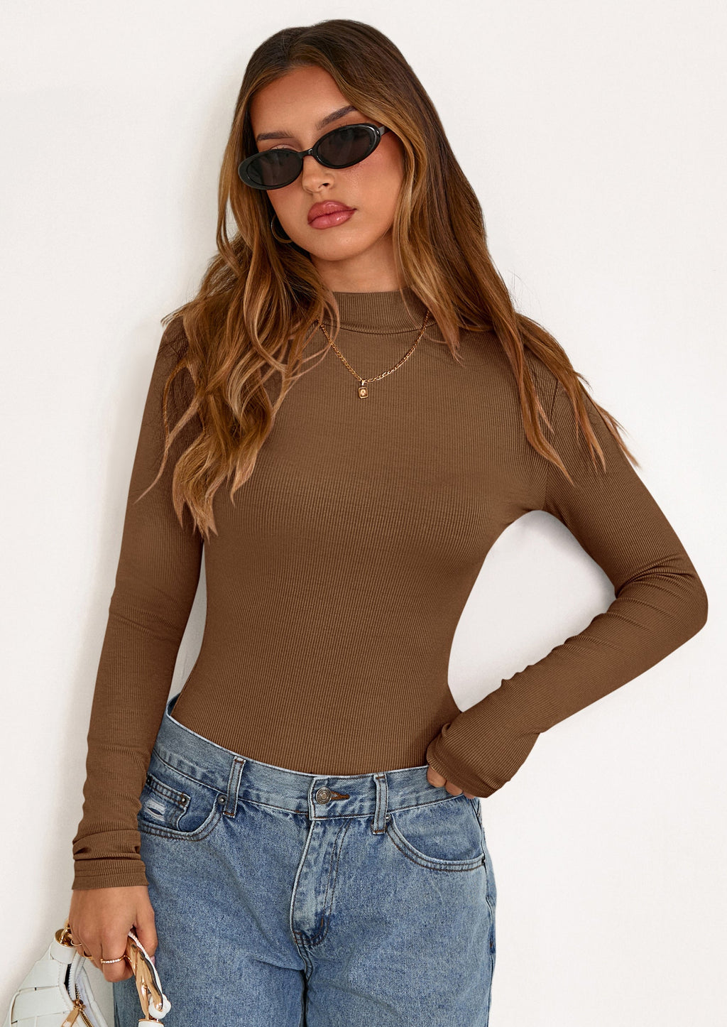 Women's Turtleneck Long Sleeve Shirts Fall Basic Tees Ribbed Fitted Tops Thermal Layering Knit Top Clothes