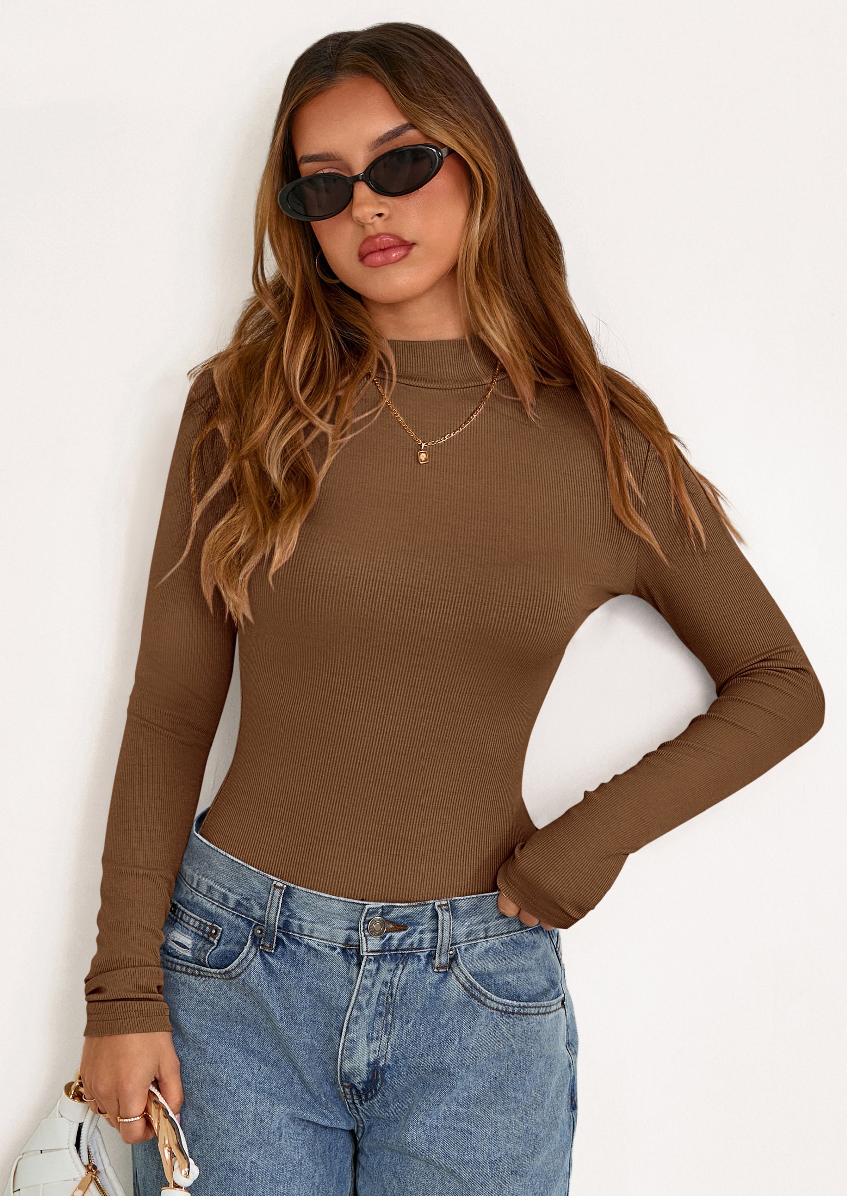 Women's Turtleneck Long Sleeve Shirts Fall Basic Tees Ribbed Fitted Tops Thermal Layering Knit Top Clothes