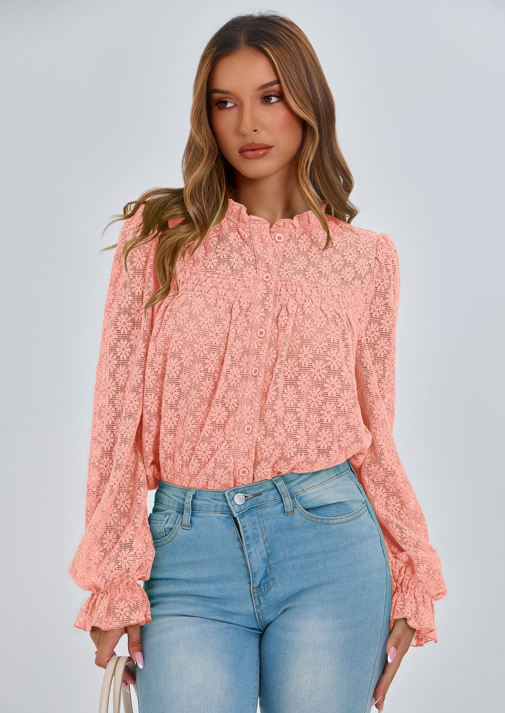 Lace Long Sleeve Tops for Women Eyelet Blouses Dressy Casual Hollow Out Button Down Shirts Summer Outfits