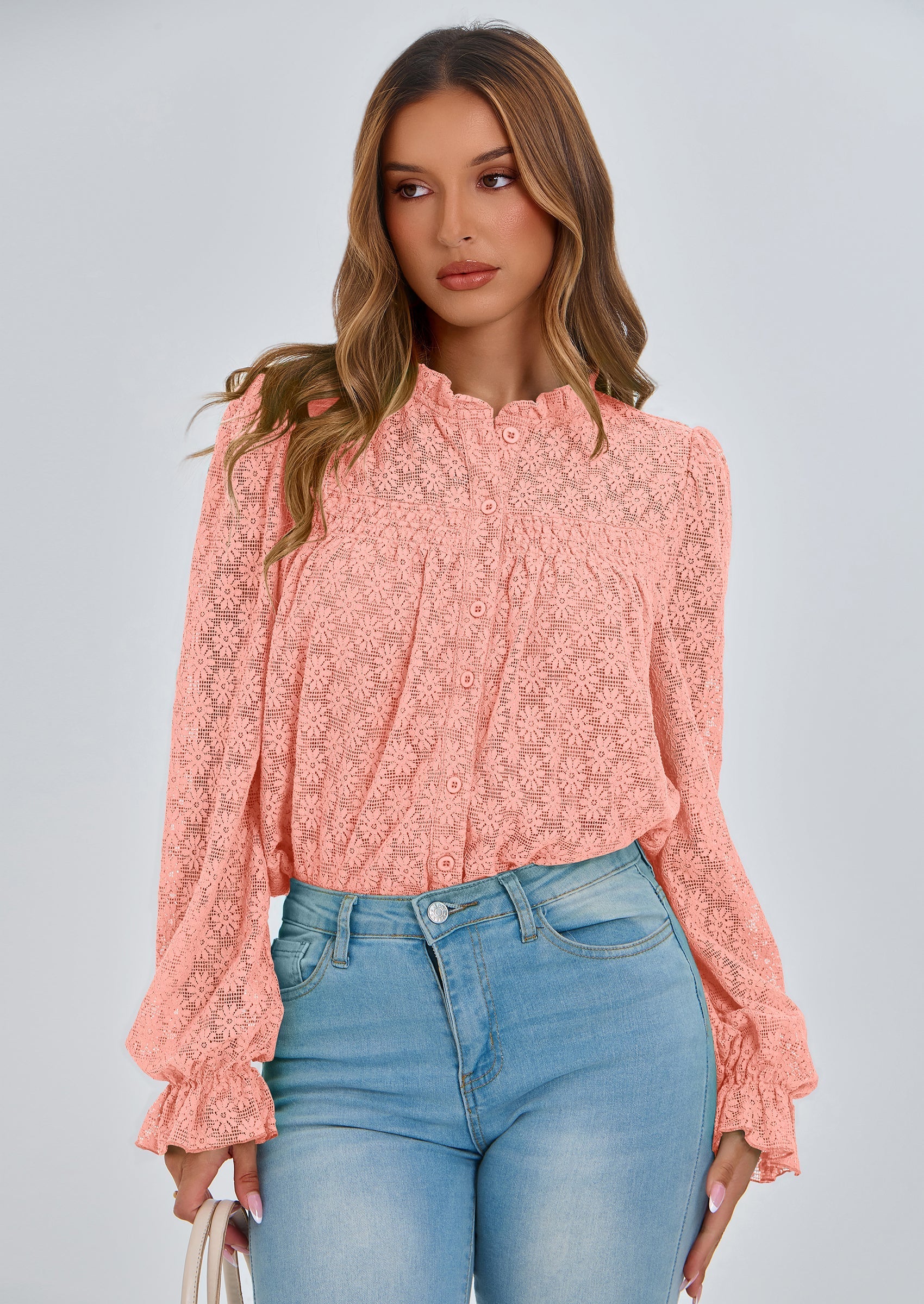 Lace Long Sleeve Tops for Women Eyelet Blouses Dressy Casual Hollow Out Button Down Shirts Summer Outfits