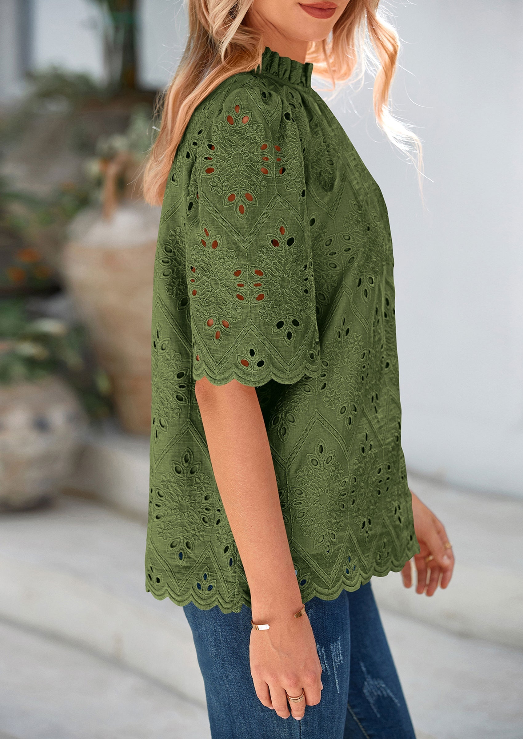 Womens Summer Tops Trendy Short Sleeve Eyelet Embroidered Dressy Casual Blouse Shirts