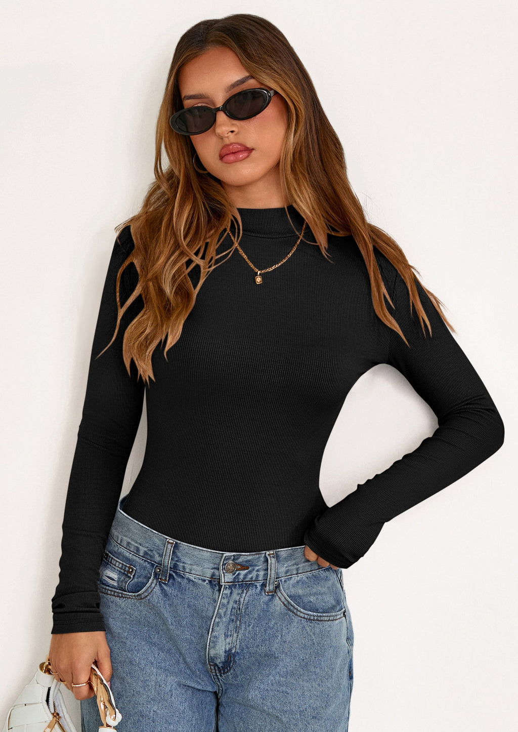 Women's Turtleneck Long Sleeve Shirts Fall Basic Tees Ribbed Fitted Tops Thermal Layering Knit Top Clothes