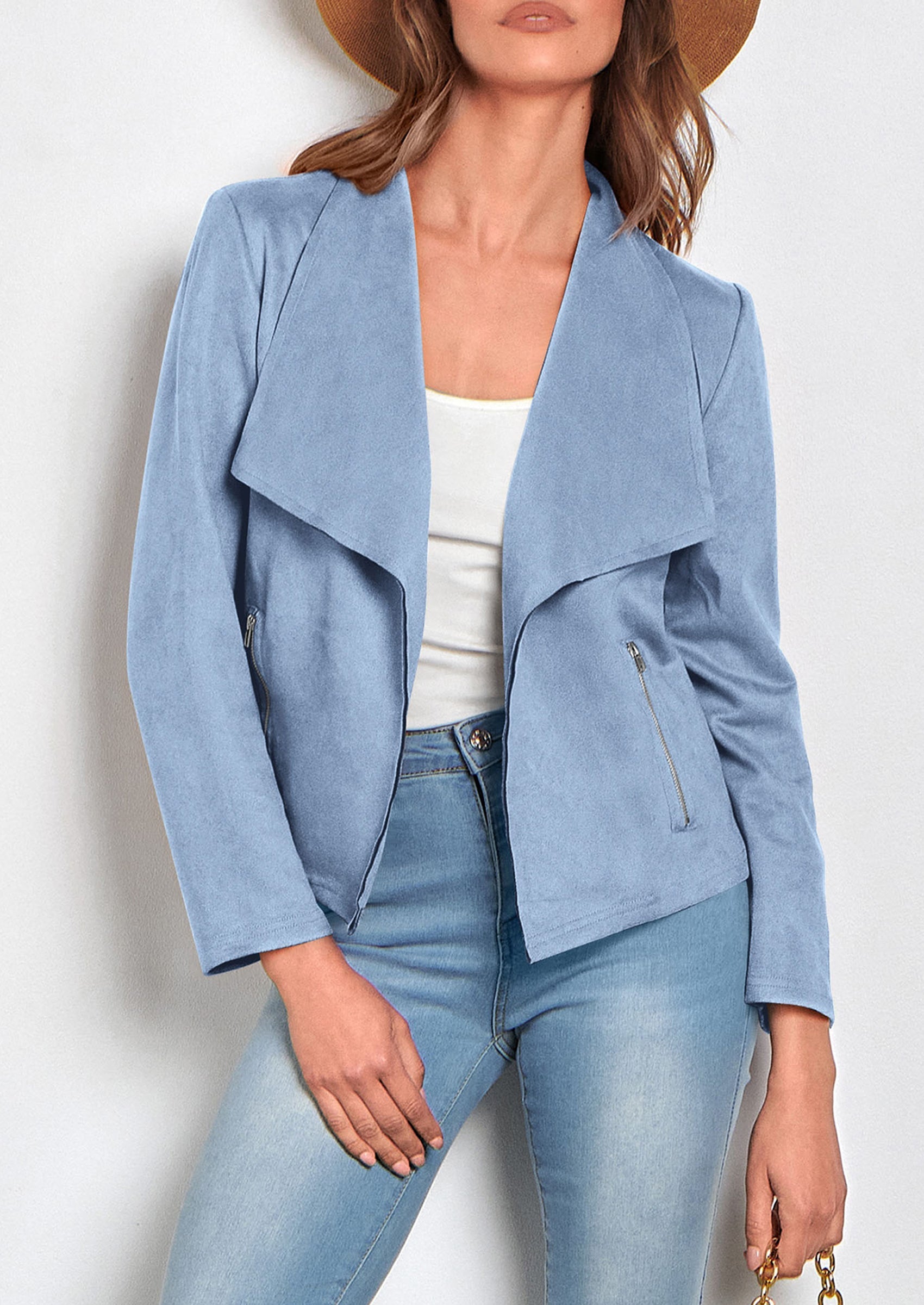 Women's Faux Suede Jackets Fashion Fall Clothes Long Sleeve Open Front Cropped Coat Outwear