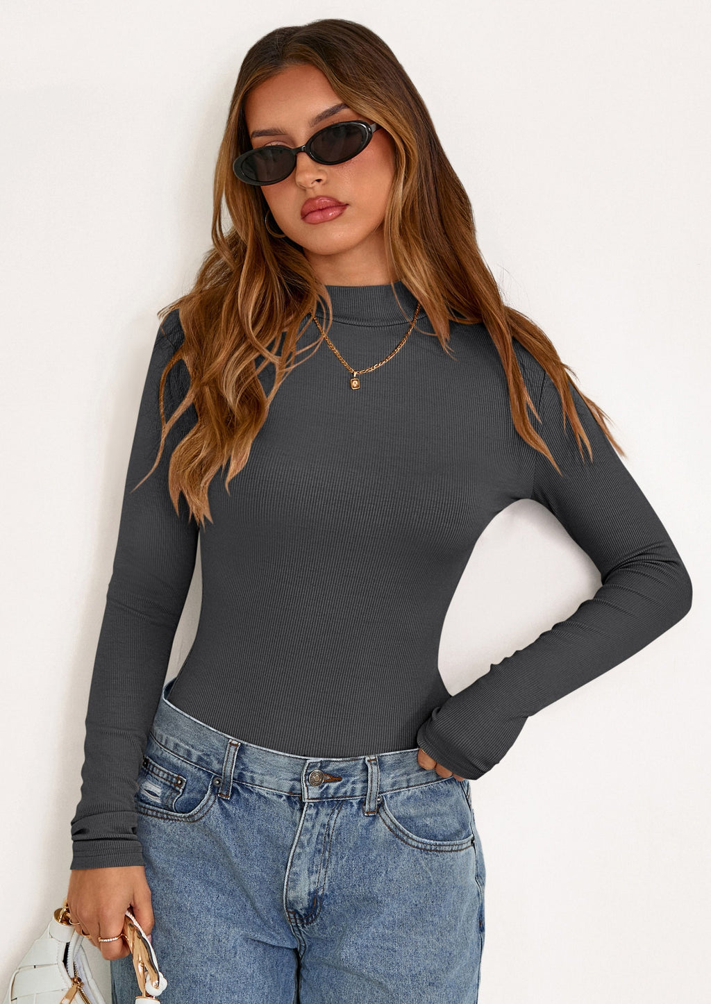 Women's Turtleneck Long Sleeve Shirts Fall Basic Tees Ribbed Fitted Tops Thermal Layering Knit Top Clothes