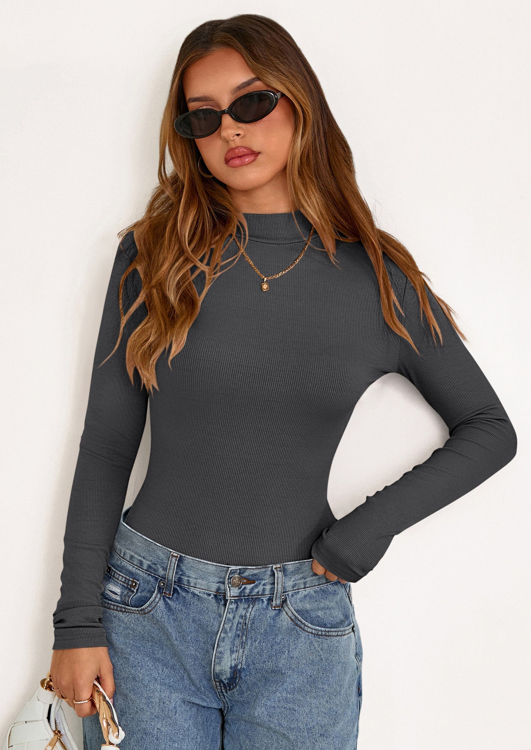 Women's Turtleneck Long Sleeve Shirts Fall Basic Tees Ribbed Fitted Tops Thermal Layering Knit Top Clothes