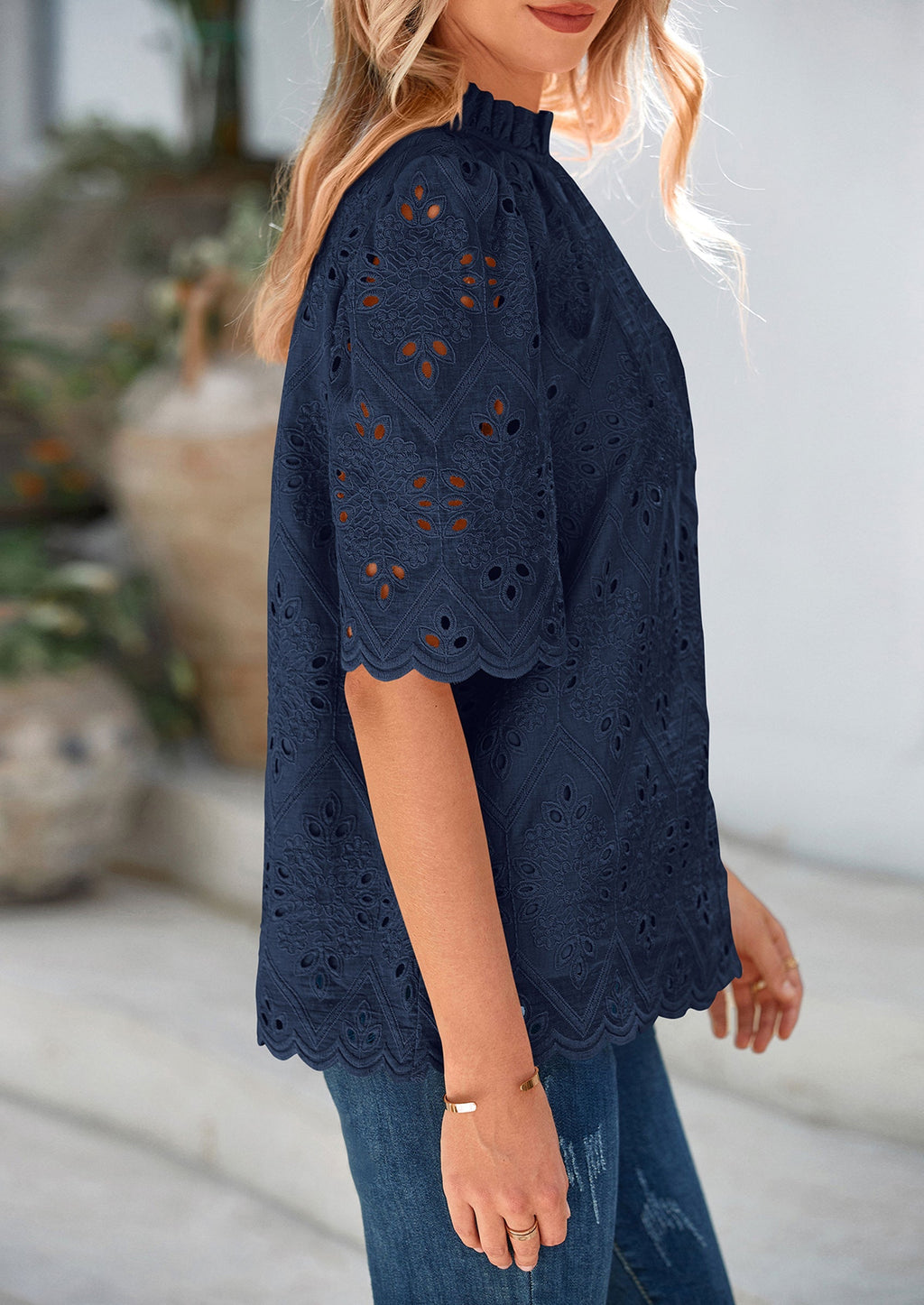 Womens Summer Tops Trendy Short Sleeve Eyelet Embroidered Dressy Casual Blouse Shirts