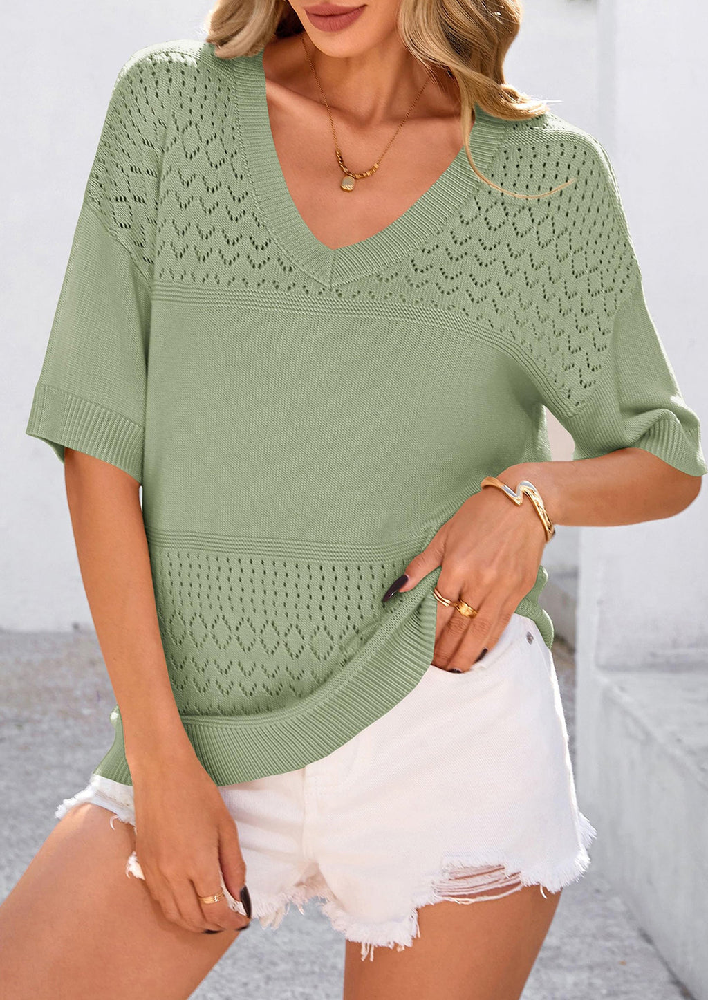 Women's Short Sleeve Sweater Tops Spring Summer Casual V Neck Ribbed Knit Trendy Eyelet Blouse T Shirts