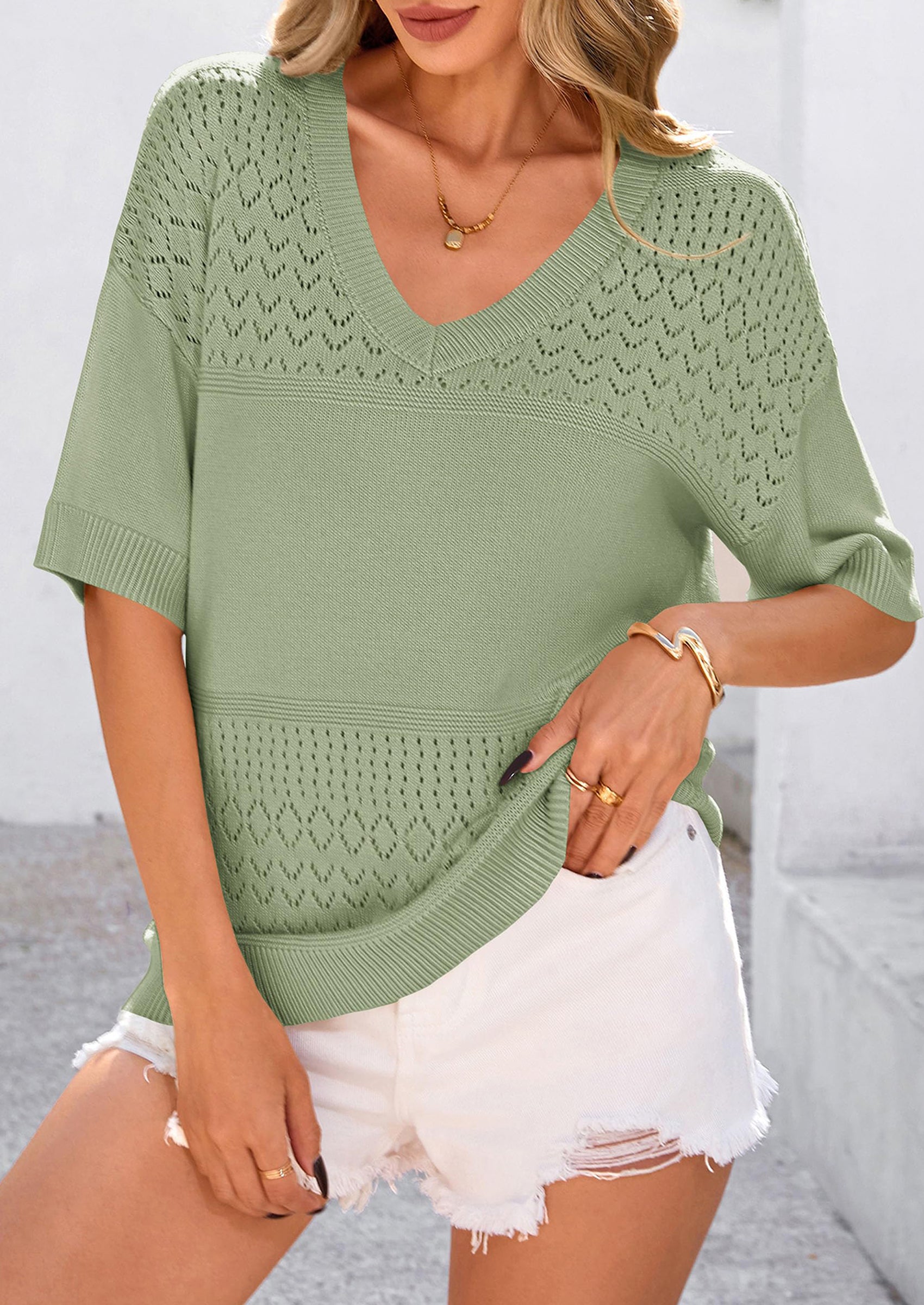 Women's Short Sleeve Sweater Tops Spring Summer Casual V Neck Ribbed Knit Trendy Eyelet Blouse T Shirts