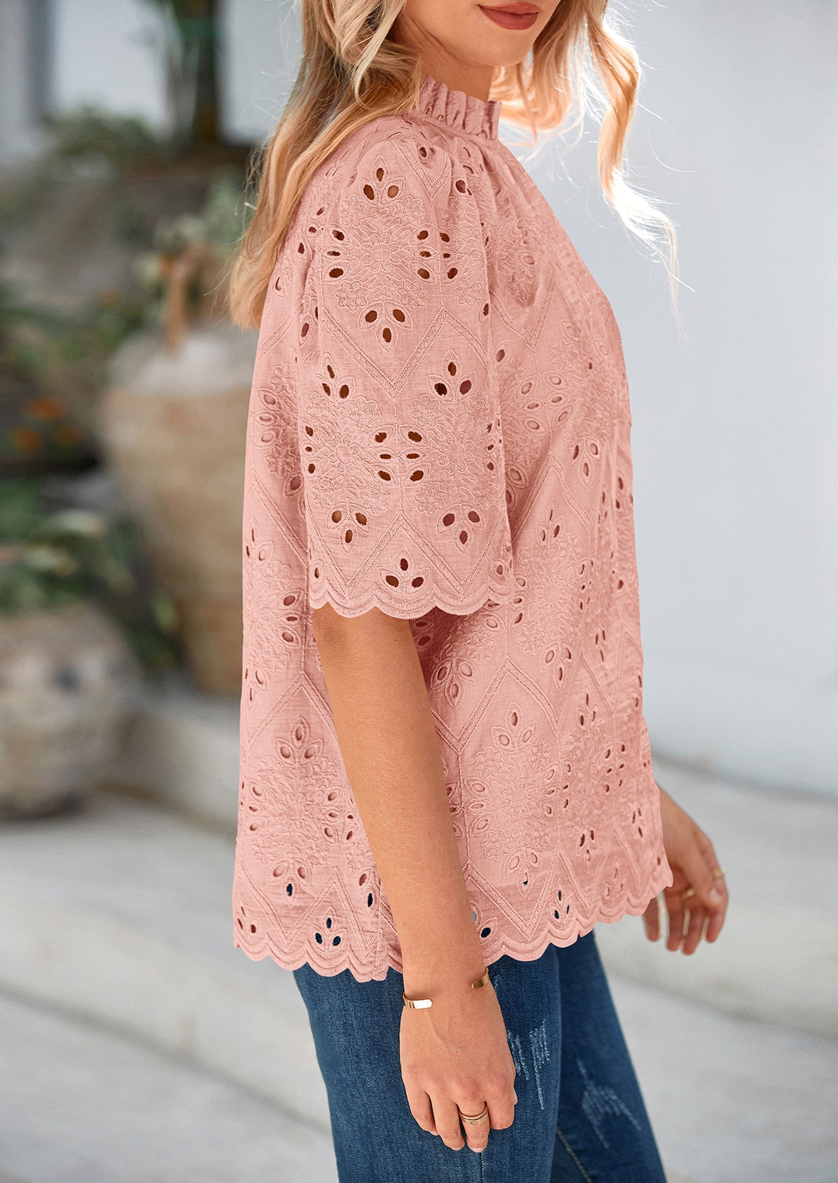 Womens Summer Tops Trendy Short Sleeve Eyelet Embroidered Dressy Casual Blouse Shirts