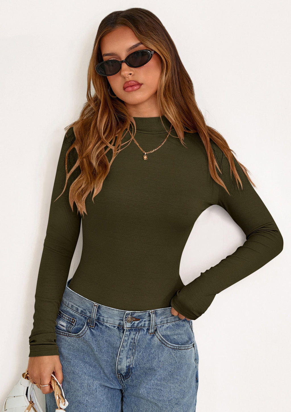 Women's Turtleneck Long Sleeve Shirts Fall Basic Tees Ribbed Fitted Tops Thermal Layering Knit Top Clothes
