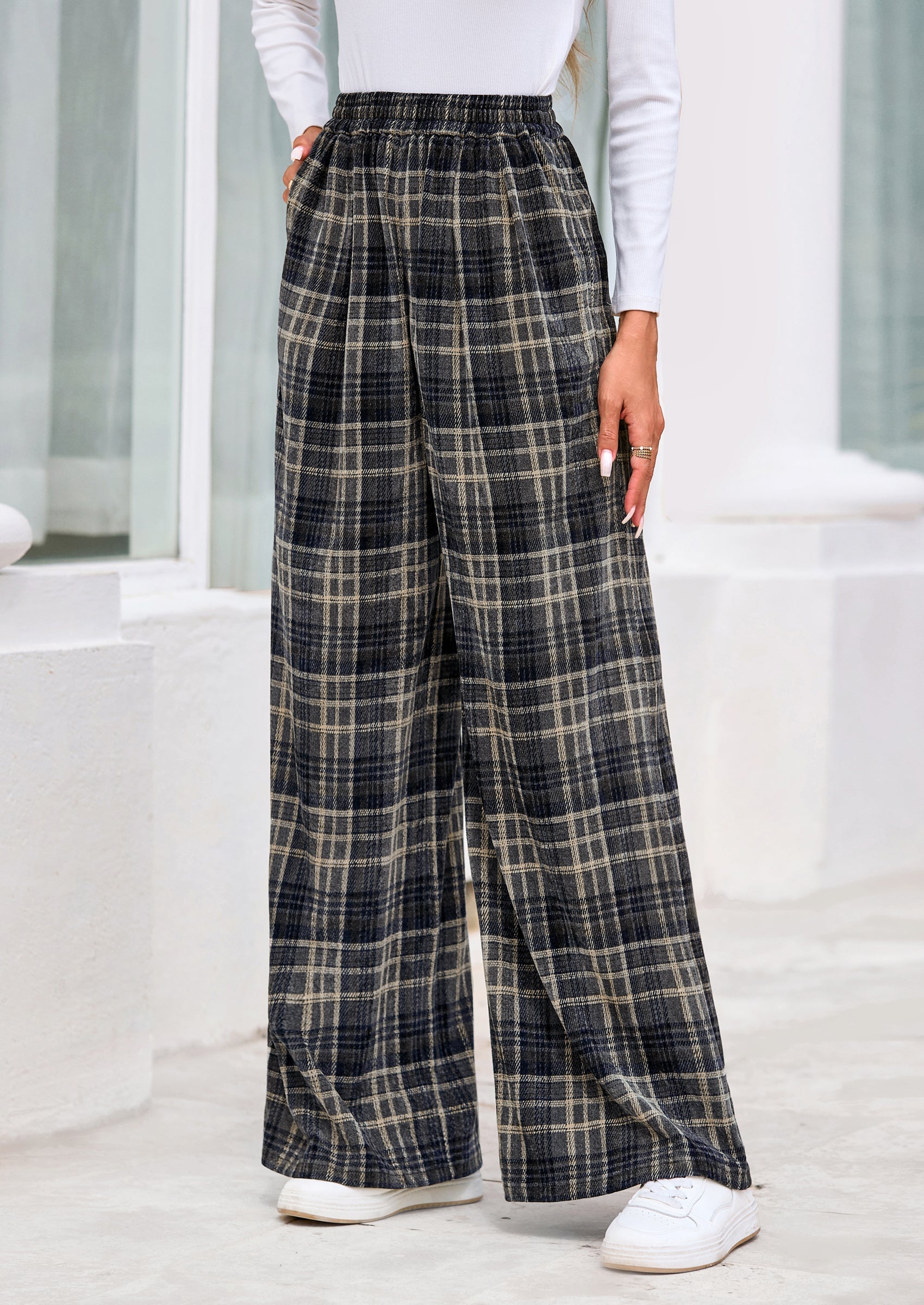 Casual Women's Pants Elastic Waist Palazzo Long Stretchy Wide Leg Trousers Knit Fall Outfits with Pockets