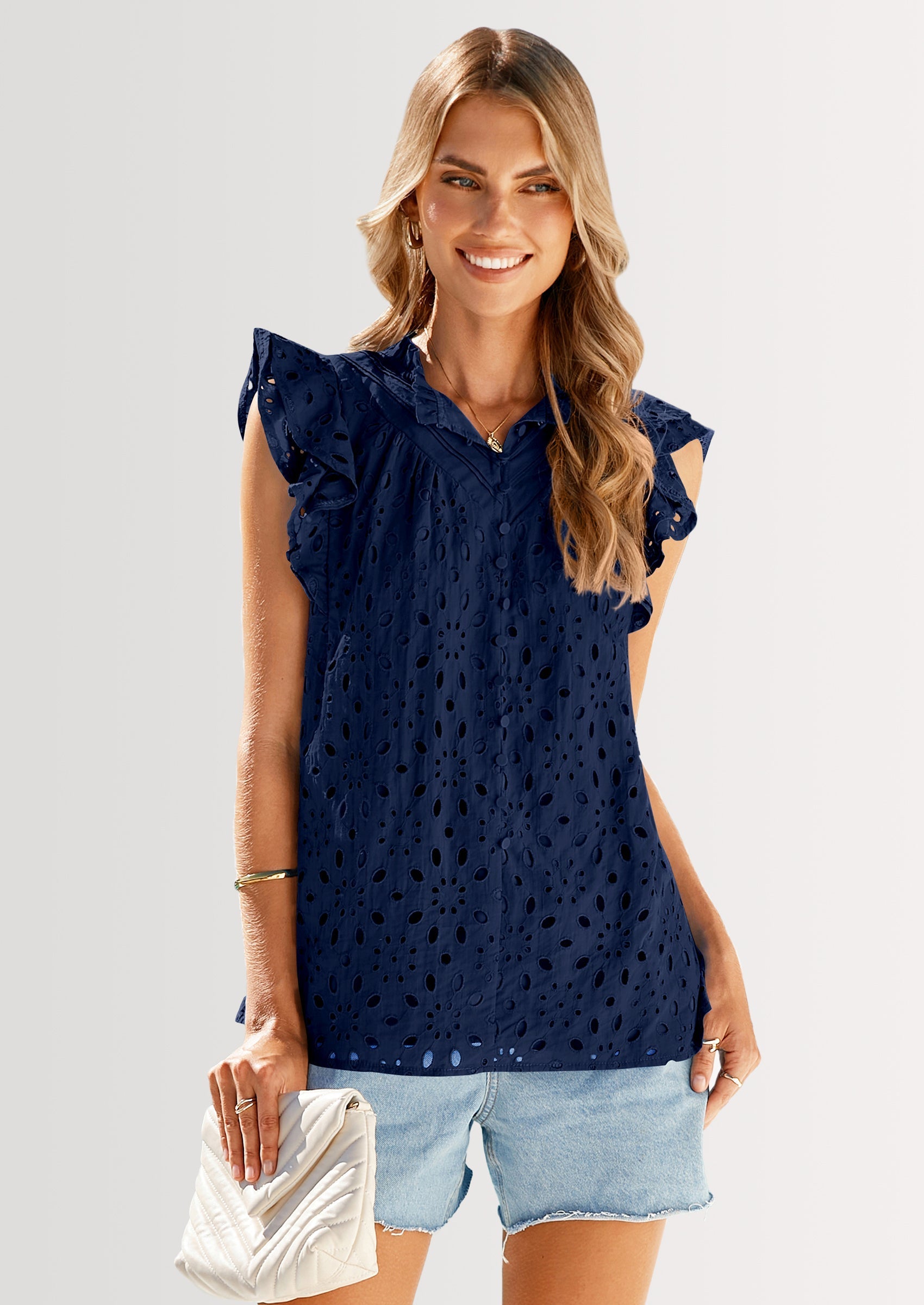 Womens Summer Tops 2025 Dressy Casual Ruffle Cap Sleeve Button V Neck Embroidered Eyelet Blouses Shirts