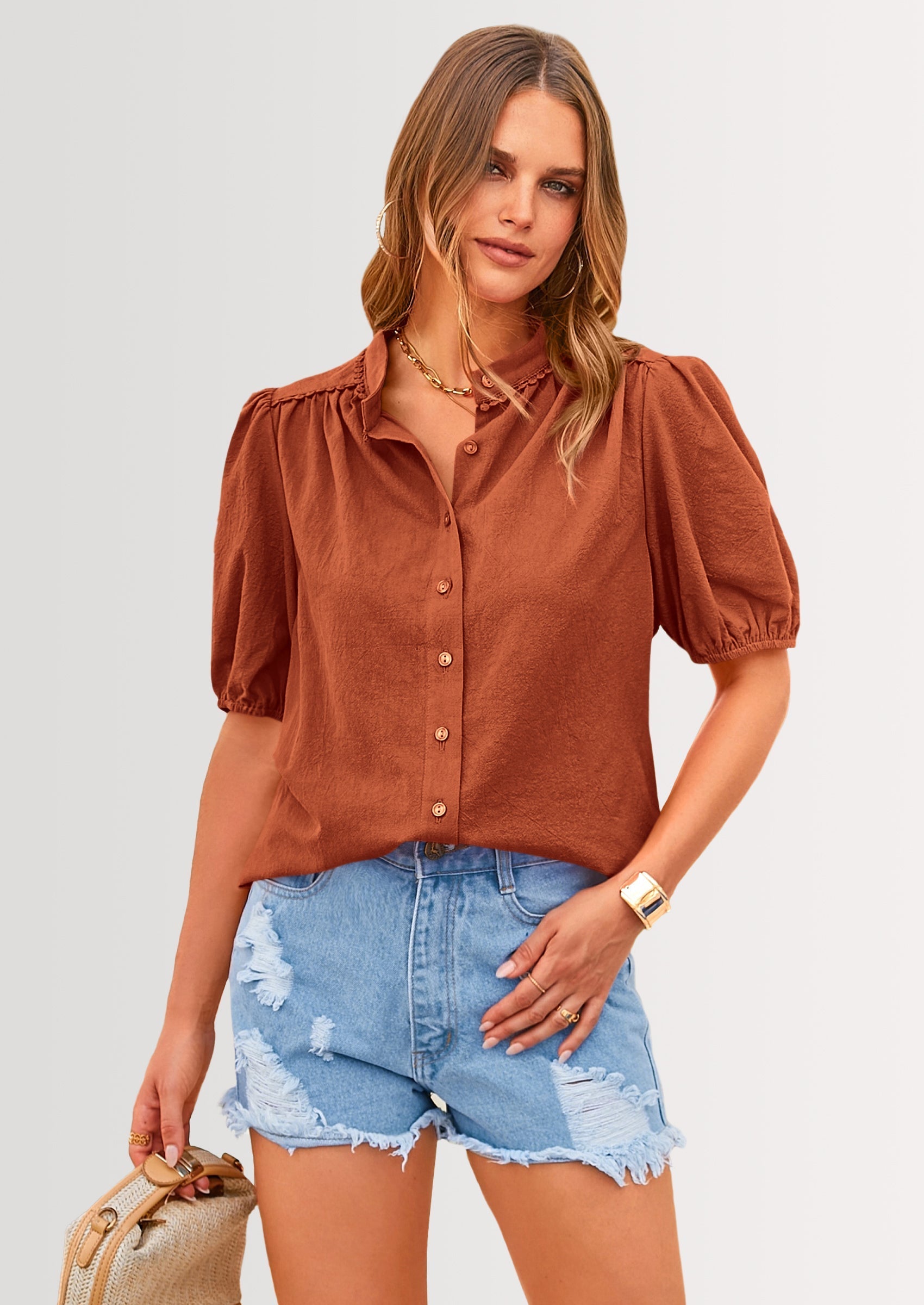 Women's Summer Tops Button Down Shirts Short Lantern Sleeve V Neck Cotton Cute Dressy Casual Blouses