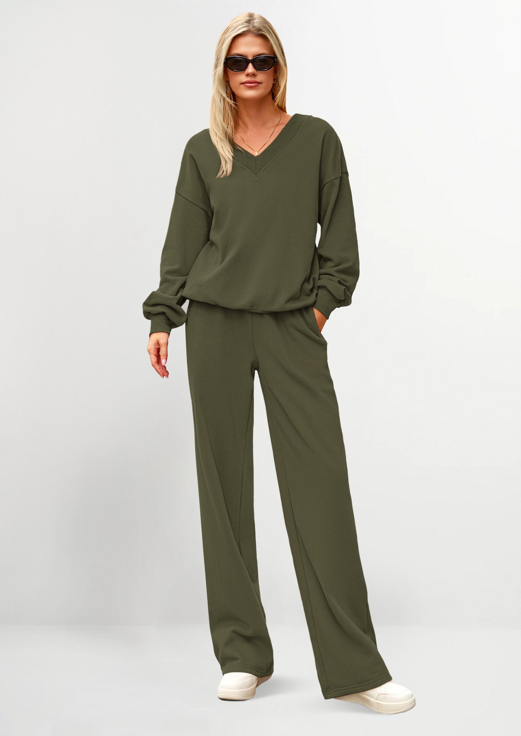 Casual Winter Two Piece Sets for Women V Neck Sweatshirt Loose Wide Leg Pants Tracksuit Knit Fall Outfits