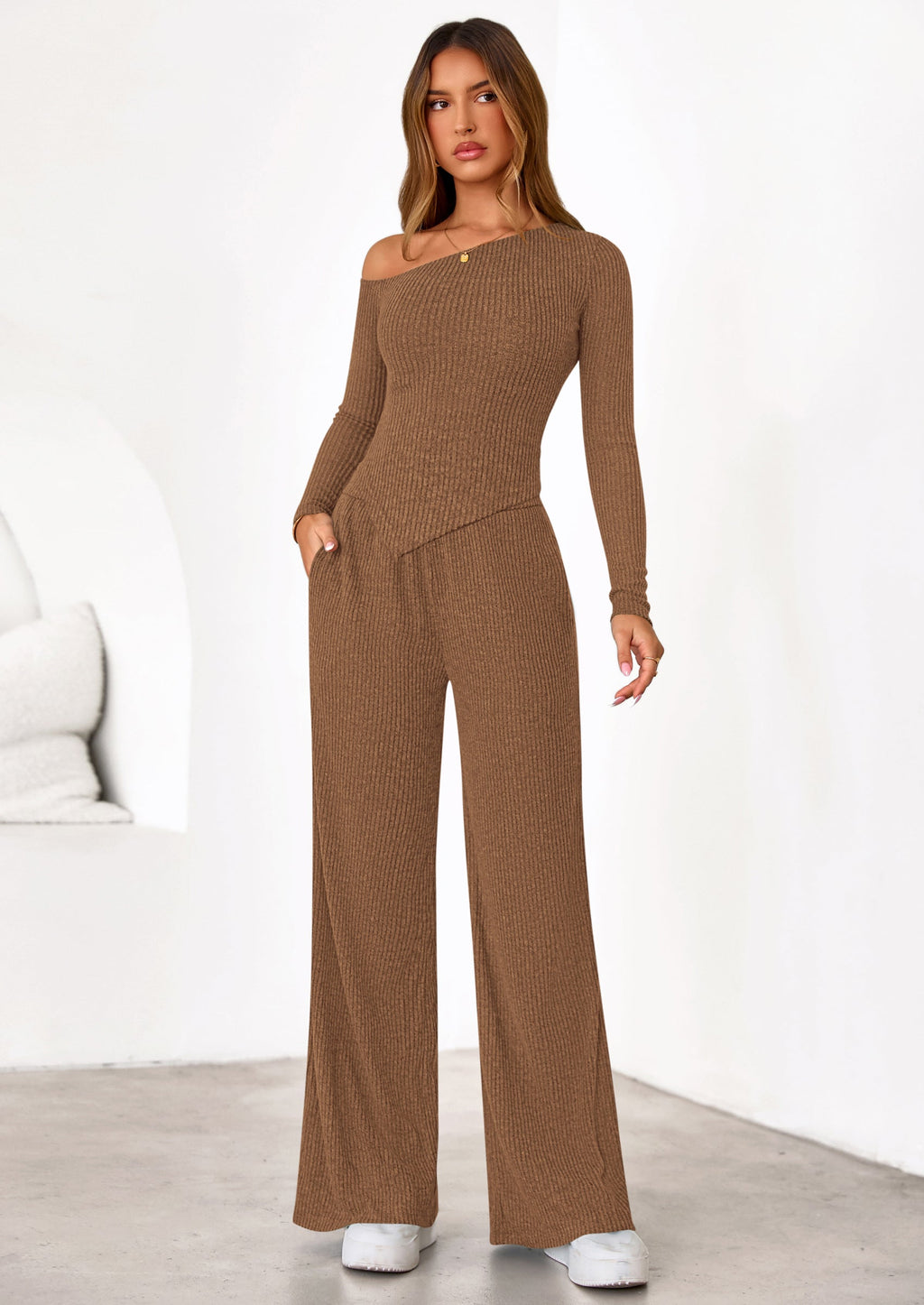 Casual Two Piece Sets for Women Fall Outfits Asymmetrical Off Shoulder Tops Wide Leg Pants Knit Lounge Set
