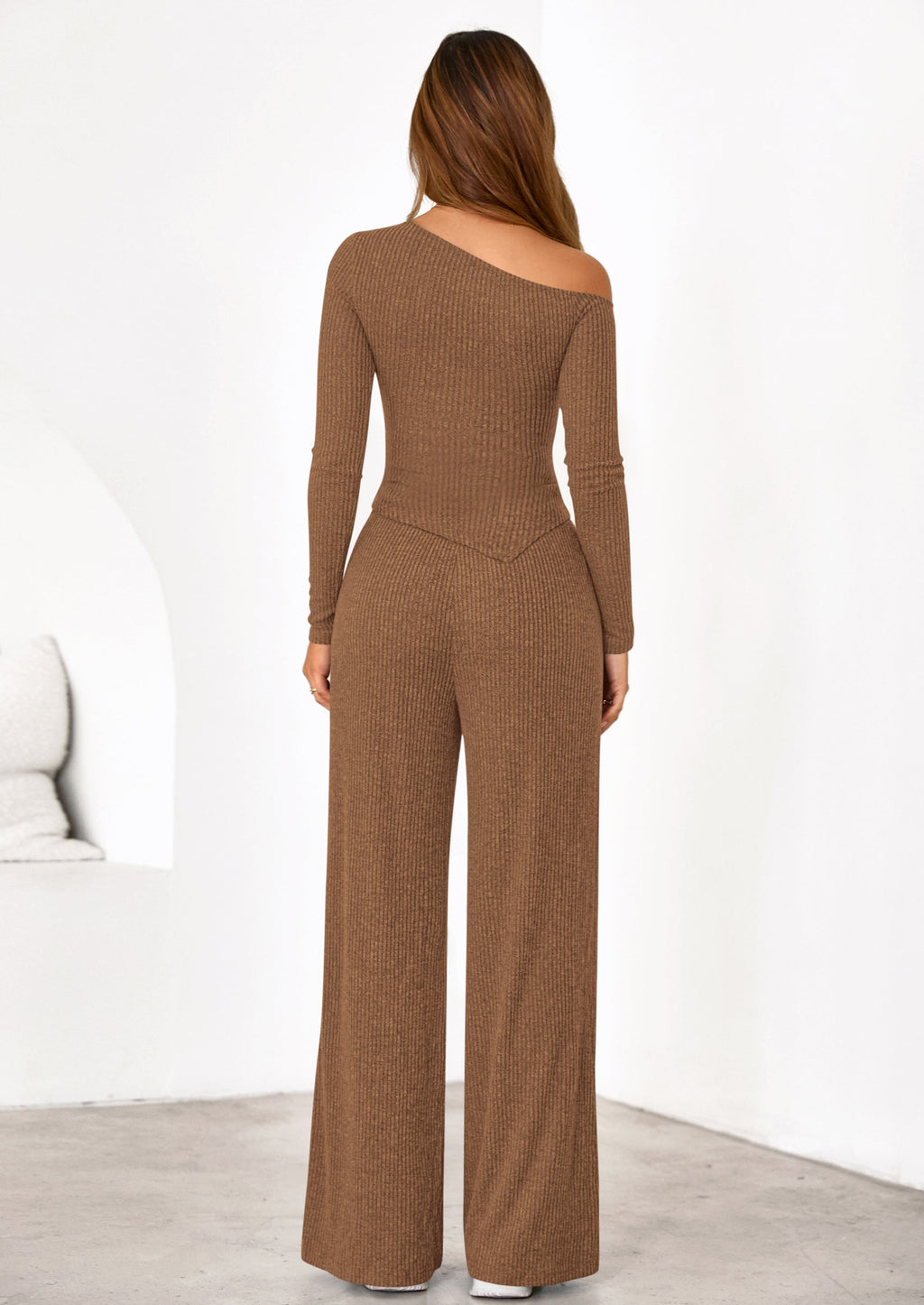 Casual Two Piece Sets for Women Fall Outfits Asymmetrical Off Shoulder Tops Wide Leg Pants Knit Lounge Set