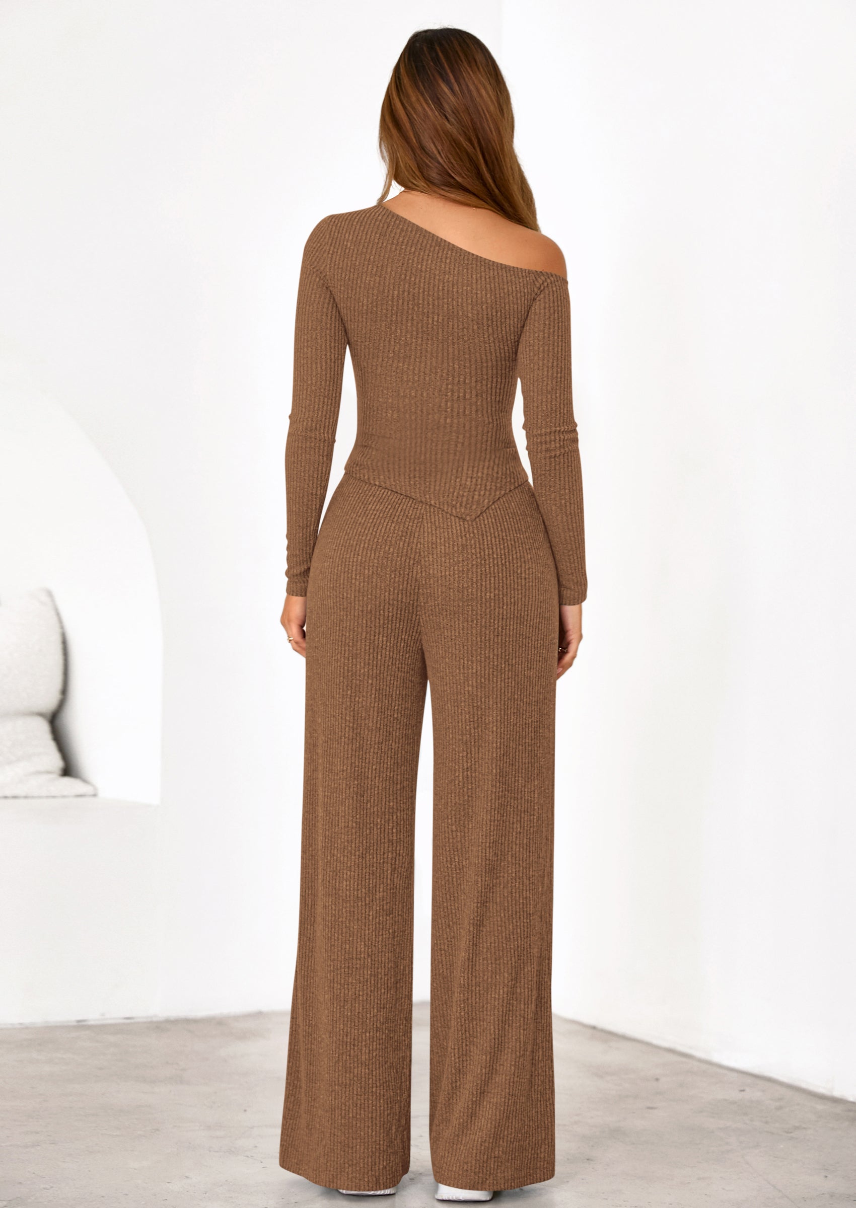 Casual Two Piece Sets for Women Fall Outfits Asymmetrical Off Shoulder Tops Wide Leg Pants Knit Lounge Set