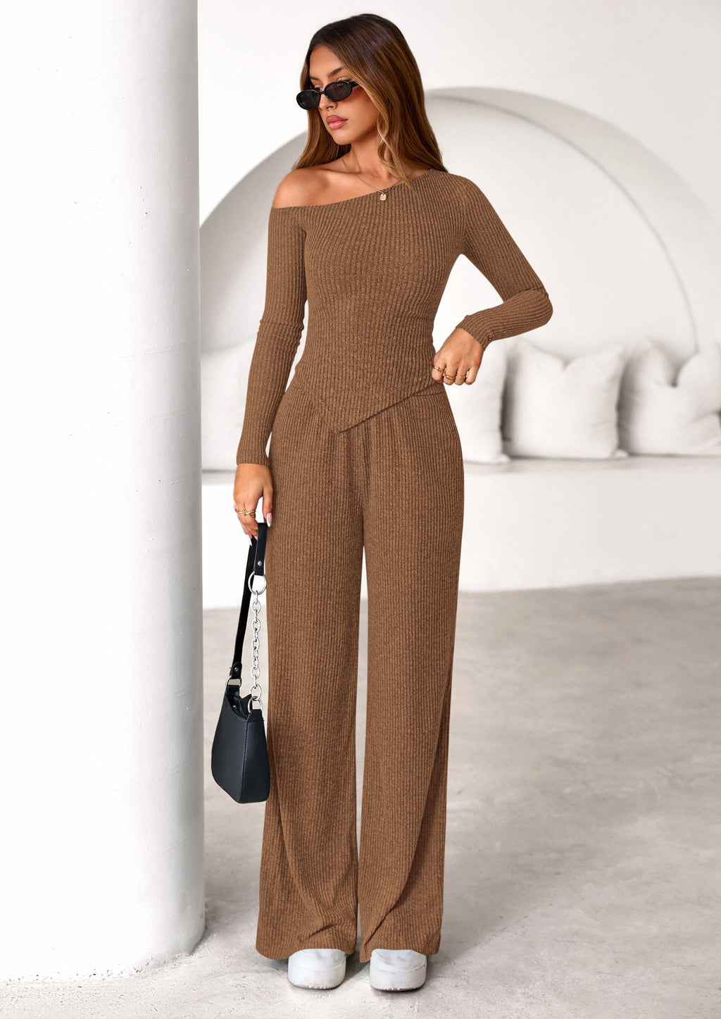 Casual Two Piece Sets for Women Fall Outfits Asymmetrical Off Shoulder Tops Wide Leg Pants Knit Lounge Set