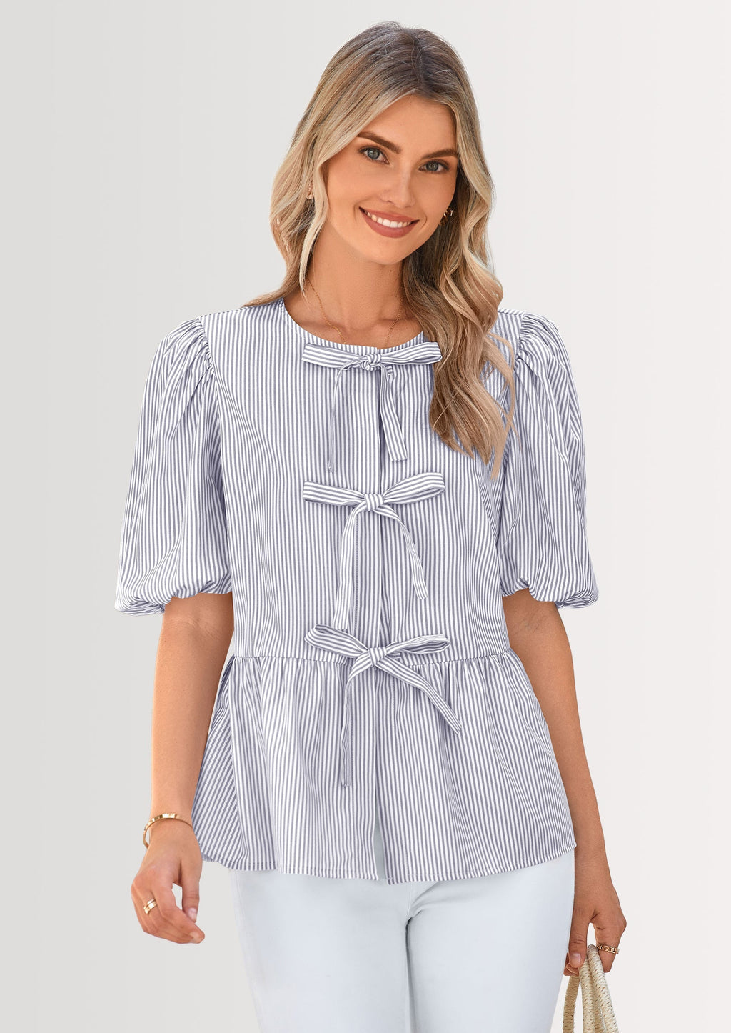 Women's Tie Front Striped Shirt Summer Trendy Fashion Cute Babydoll Tops Peplum Puffy Sleeve Blouse