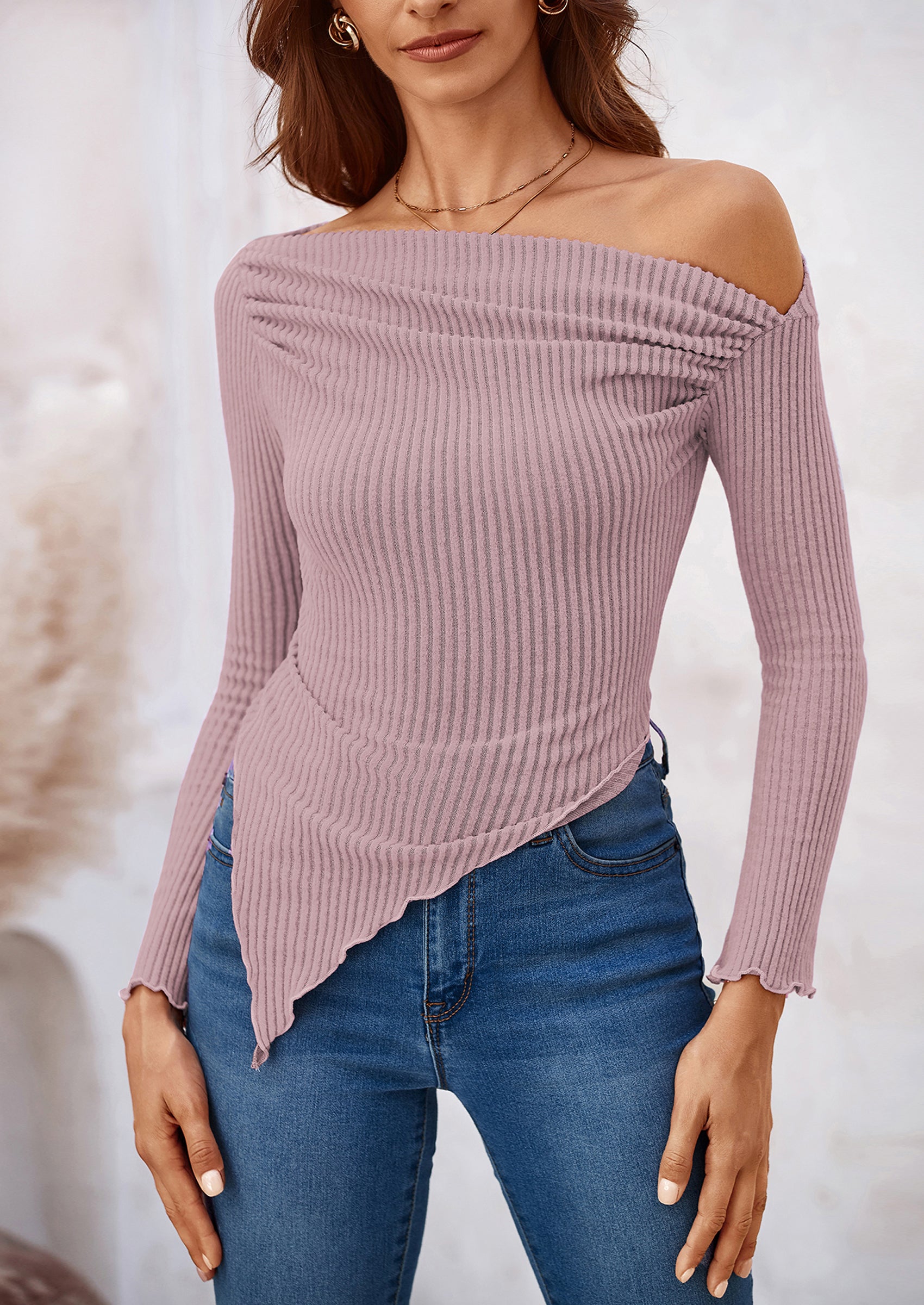 Women's Spring Long Sleeve Y2K Crop Top Trendy Off Shoulder Asymmetrical Fitted Knit Tee Shirts Going Out Tops
