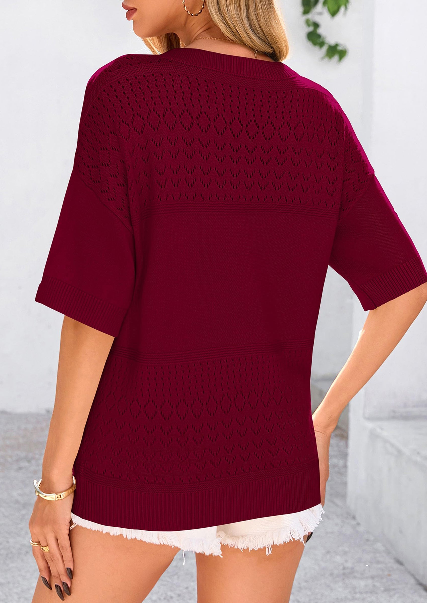 Women's Short Sleeve Sweater Tops Spring Summer Casual V Neck Ribbed Knit Trendy Eyelet Blouse T Shirts