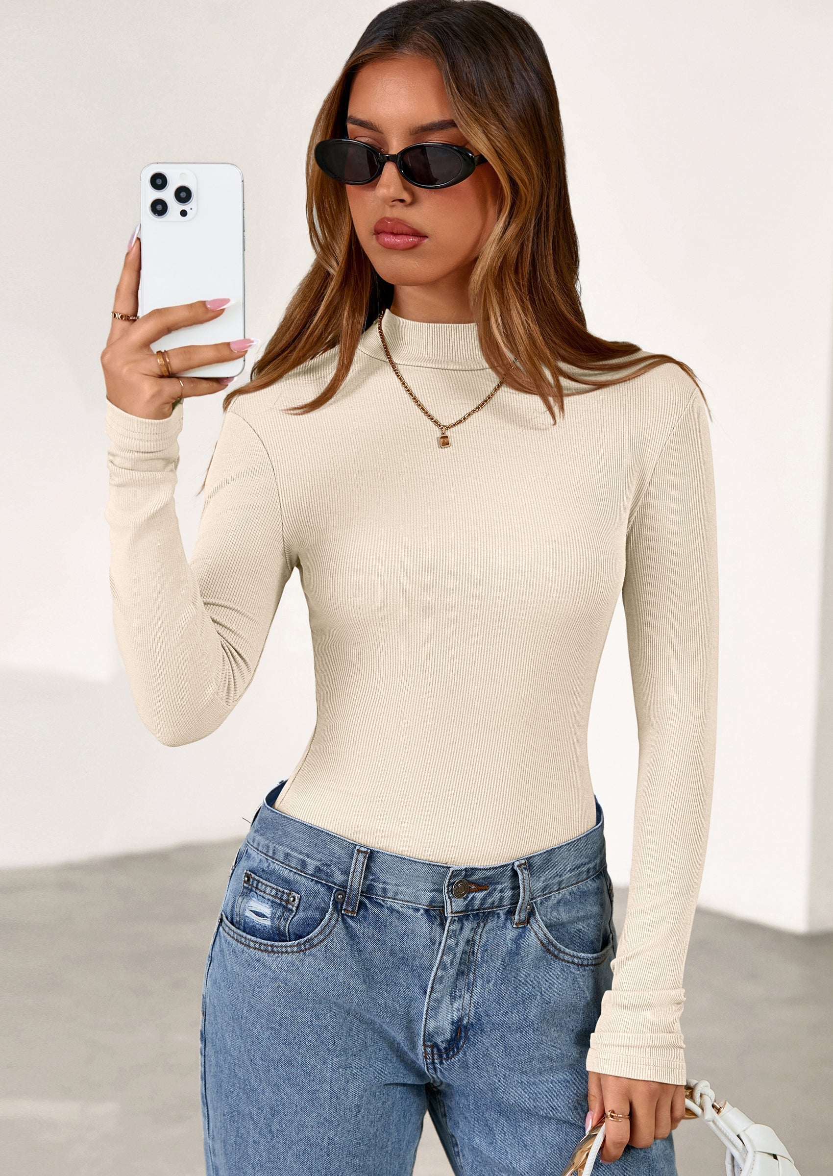 Women's Turtleneck Long Sleeve Shirts Fall Basic Tees Ribbed Fitted Tops Thermal Layering Knit Top Clothes