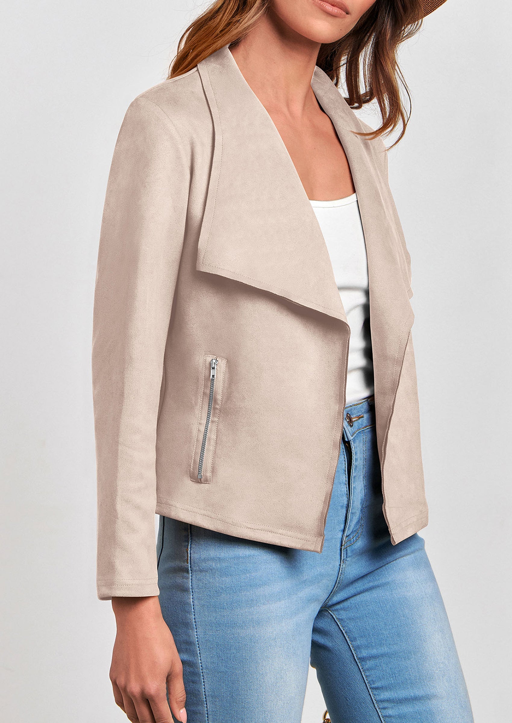 Women's Faux Suede Jackets Fashion Fall Clothes Long Sleeve Open Front Cropped Coat Outwear