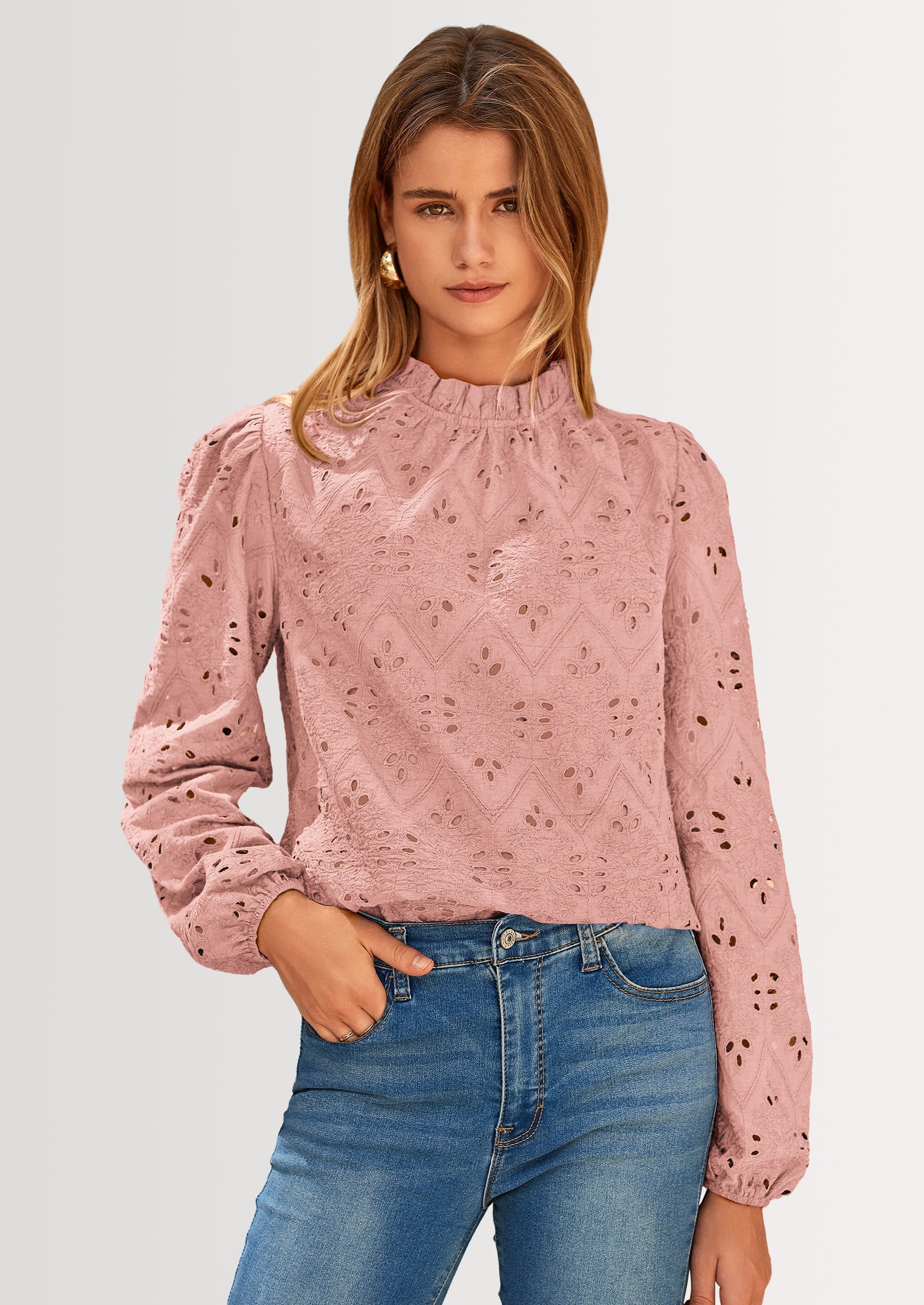 Womens Tops Dressy Casual Spring Long Sleeve Shirts Embroidered Eyelet Blouses Going Out Outfits