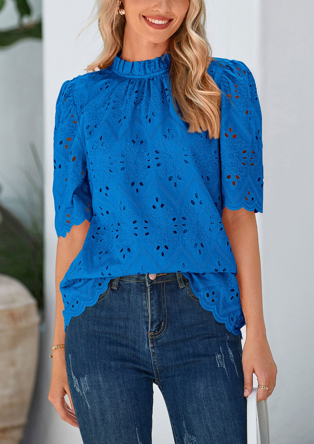 Womens Summer Tops Trendy Short Sleeve Eyelet Embroidered Dressy Casual Blouse Shirts