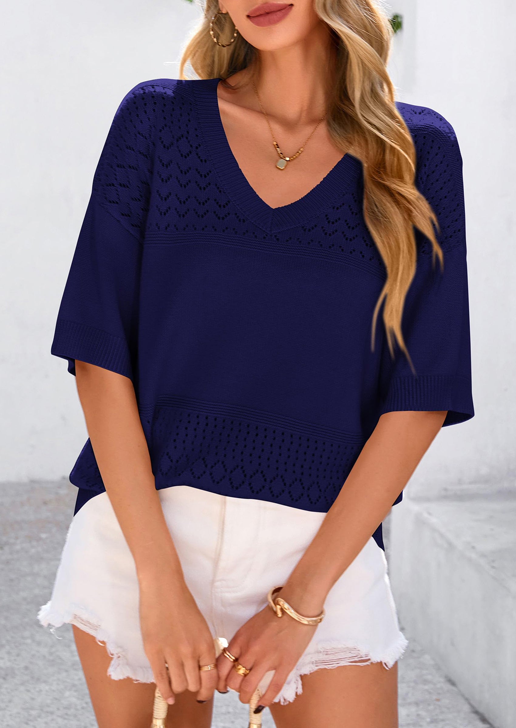 Women's Short Sleeve Sweater Tops Spring Summer Casual V Neck Ribbed Knit Trendy Eyelet Blouse T Shirts