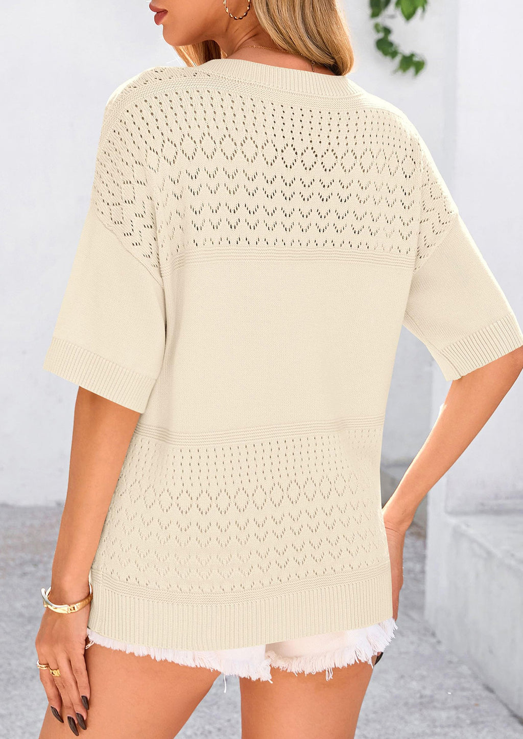 Women's Short Sleeve Sweater Tops Spring Summer Casual V Neck Ribbed Knit Trendy Eyelet Blouse T Shirts