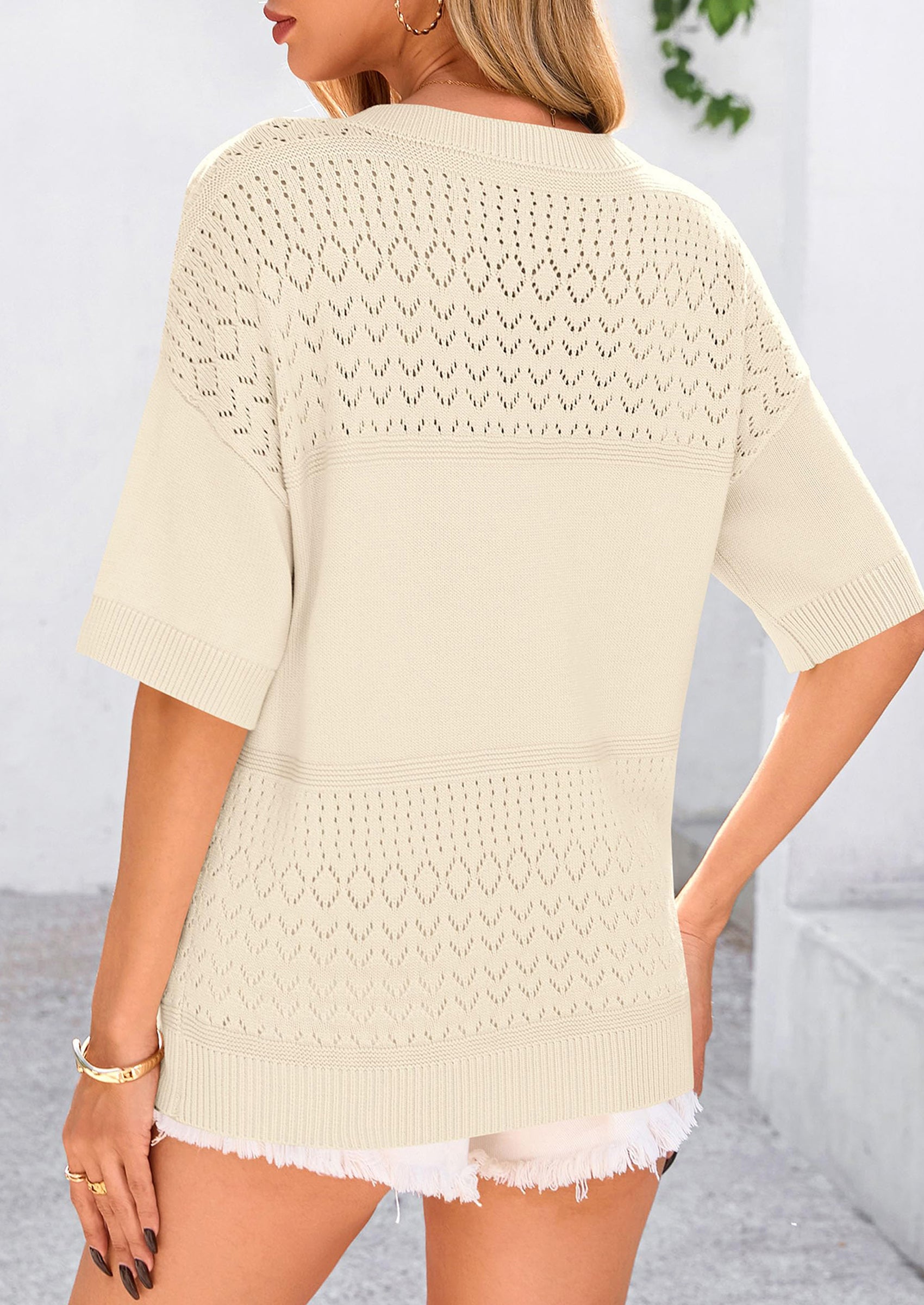 Women's Short Sleeve Sweater Tops Spring Summer Casual V Neck Ribbed Knit Trendy Eyelet Blouse T Shirts