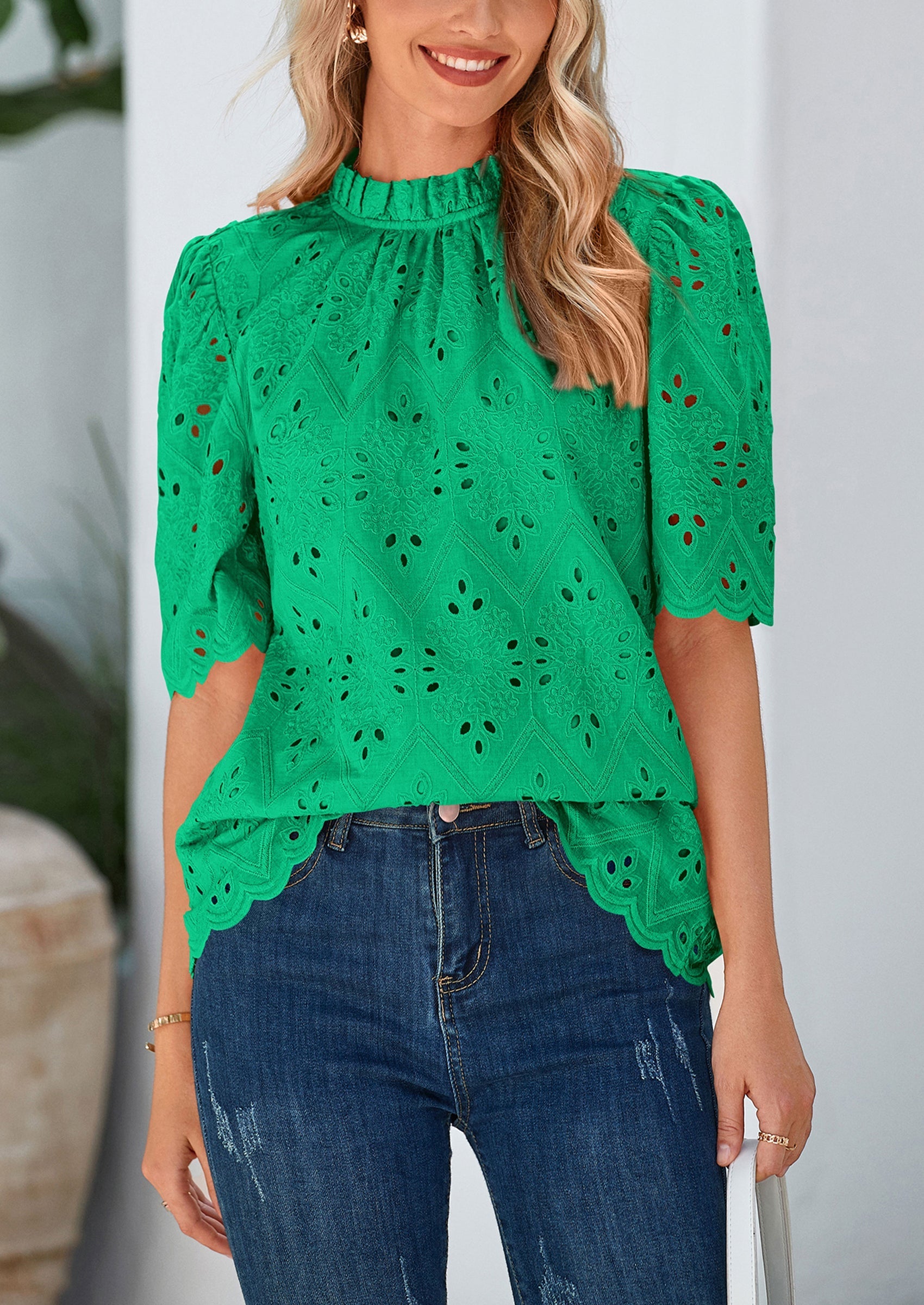 Womens Summer Tops Trendy Short Sleeve Eyelet Embroidered Dressy Casual Blouse Shirts