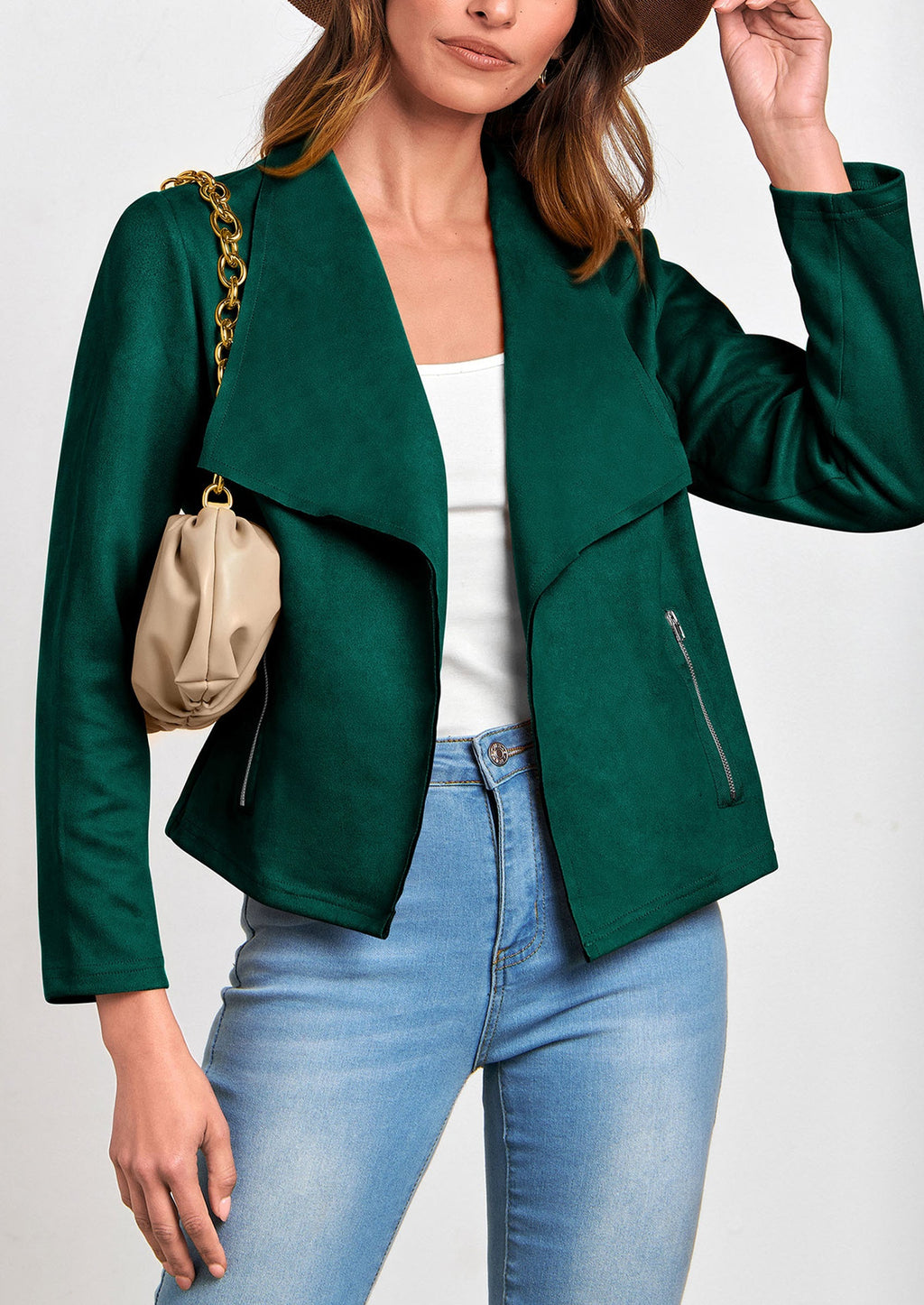 Women's Faux Suede Jackets Fashion Fall Clothes Long Sleeve Open Front Cropped Coat Outwear