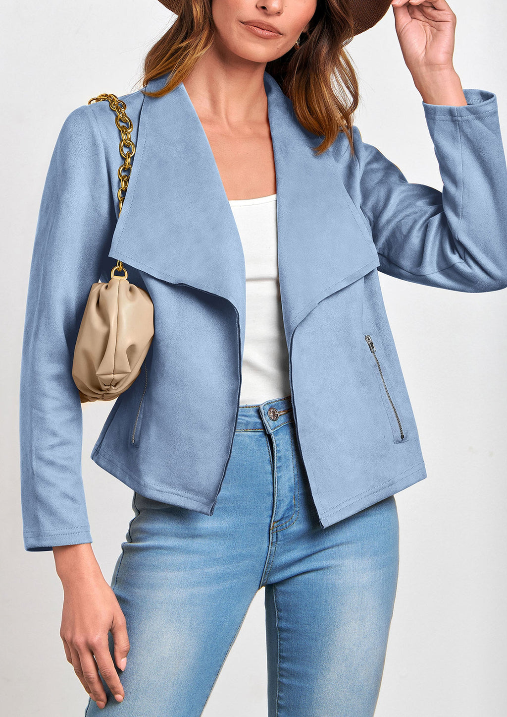 Women's Faux Suede Jackets Fashion Fall Clothes Long Sleeve Open Front Cropped Coat Outwear