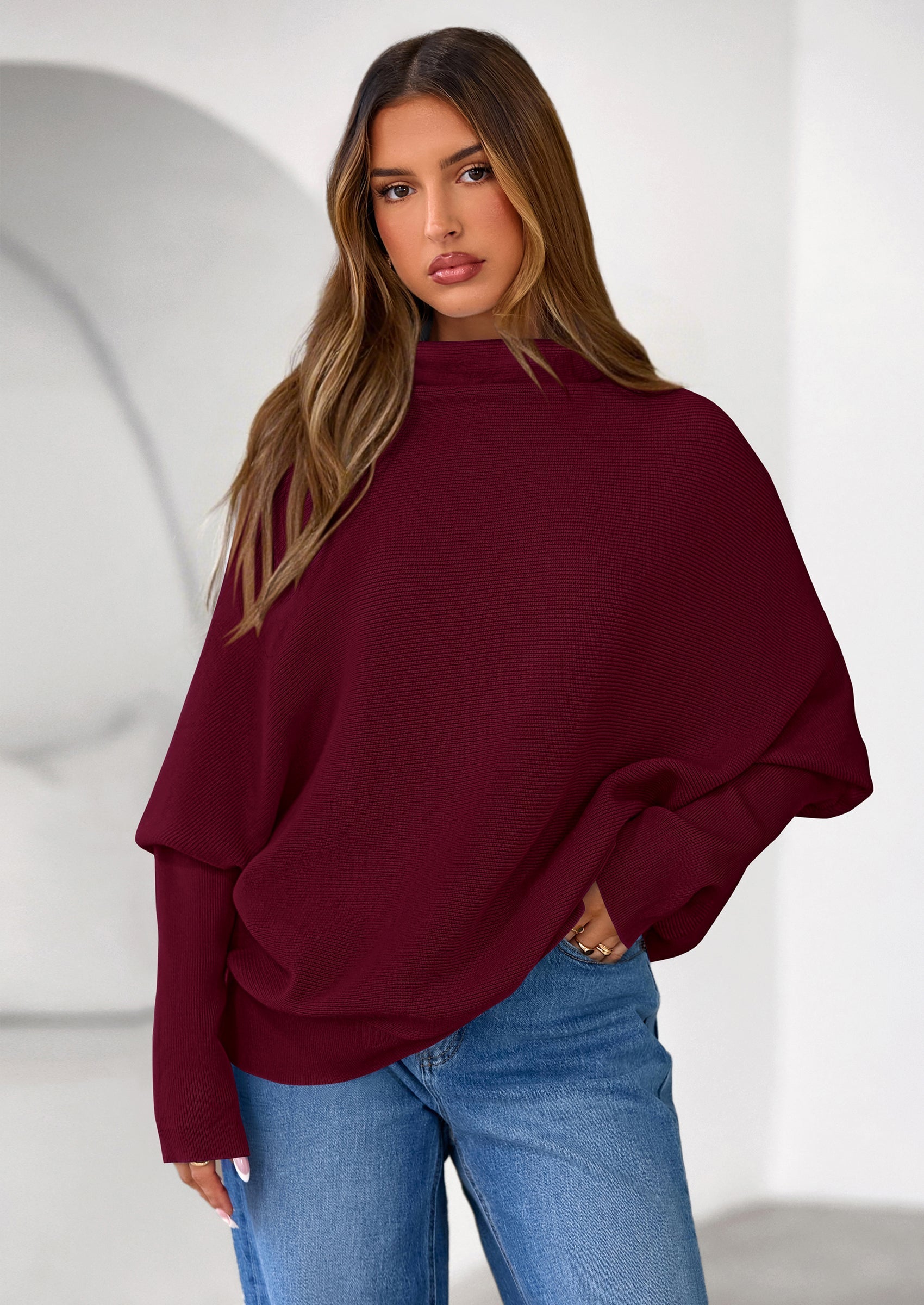 Womens Sweaters Fall Fashion Casual Loose Turtleneck Batwing Long Sleeve Knit Sweater Pullover Tops