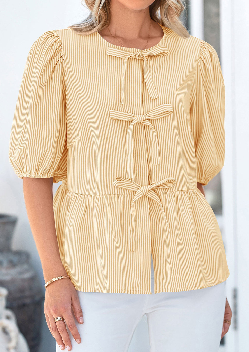 Women's Tie Front Striped Shirt Summer Trendy Fashion Cute Babydoll Tops Peplum Puffy Sleeve Blouse