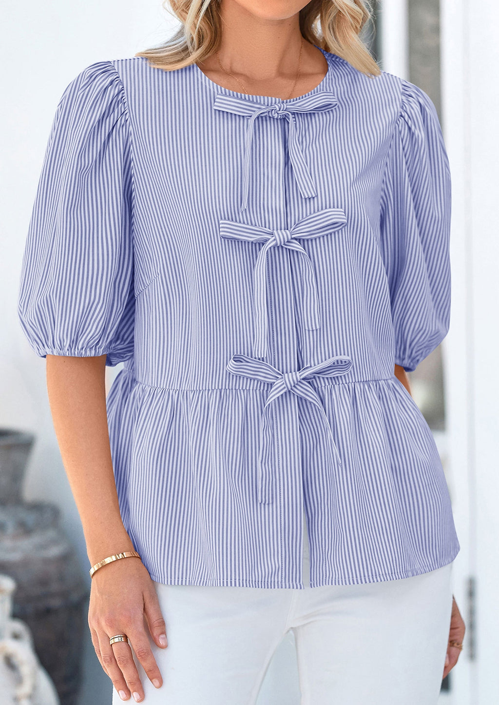Women's Tie Front Striped Shirt Summer Trendy Fashion Cute Babydoll Tops Peplum Puffy Sleeve Blouse