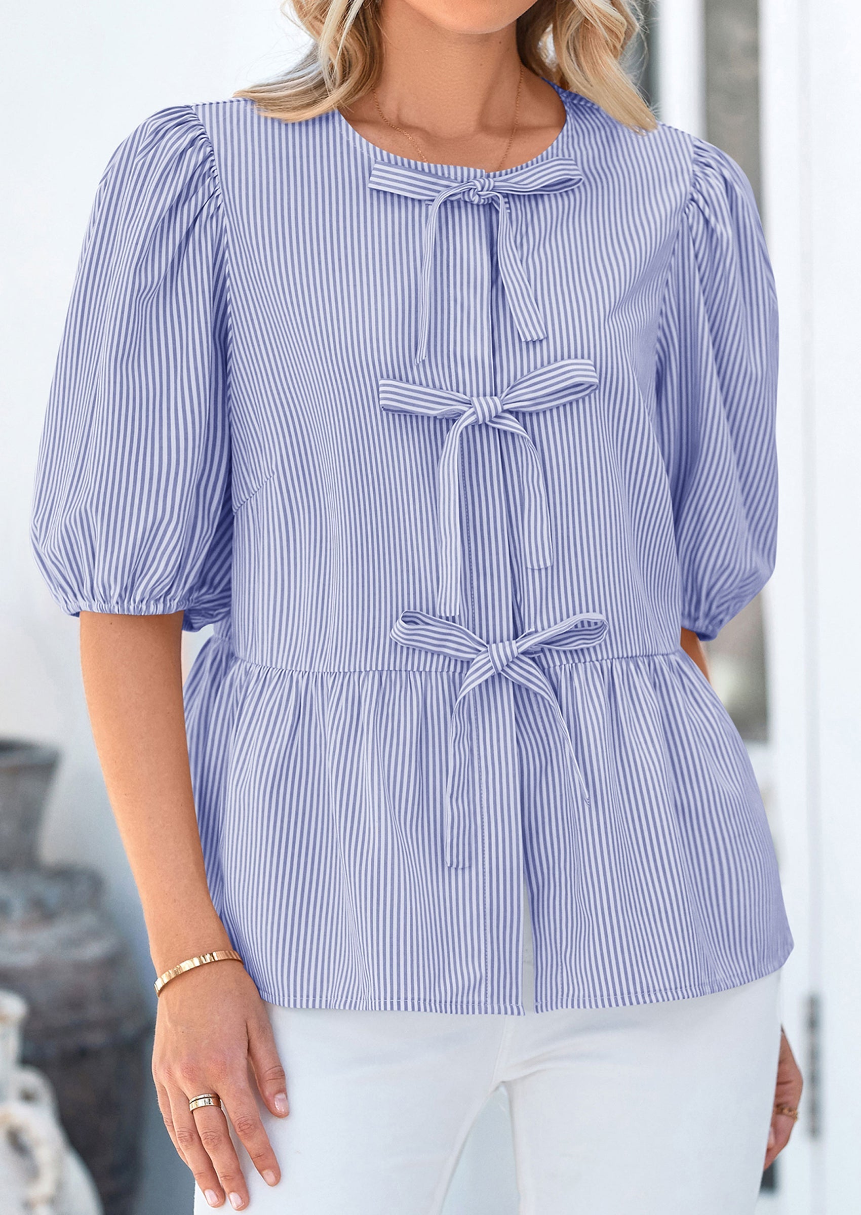 Women's Tie Front Striped Shirt Summer Trendy Fashion Cute Babydoll Tops Peplum Puffy Sleeve Blouse