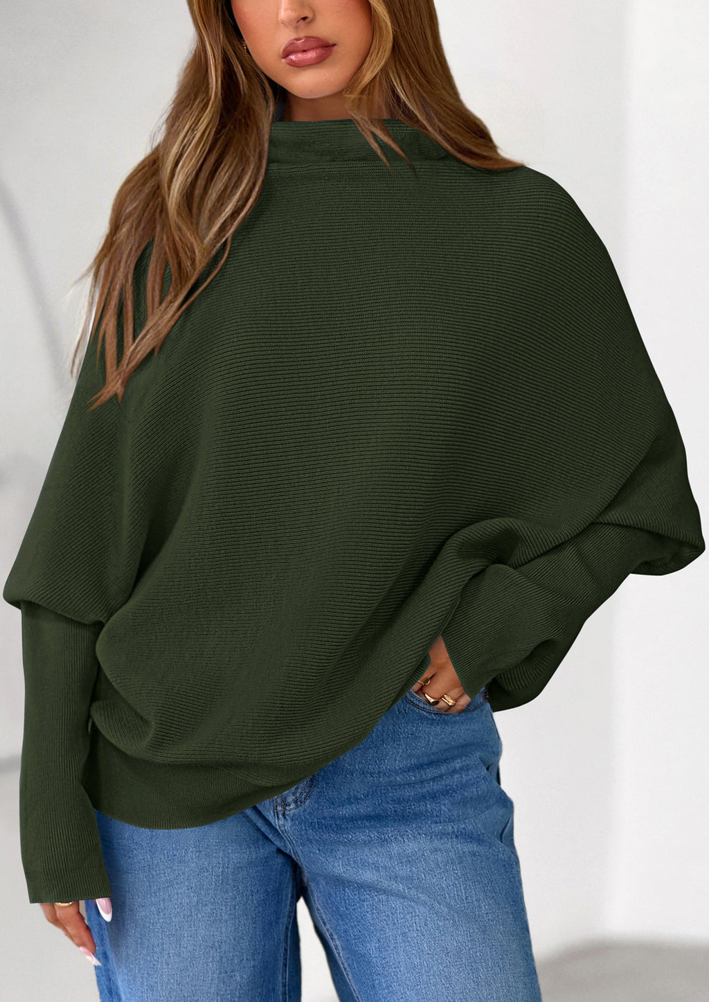 Womens Sweaters Fall Fashion Casual Loose Turtleneck Batwing Long Sleeve Knit Sweater Pullover Tops