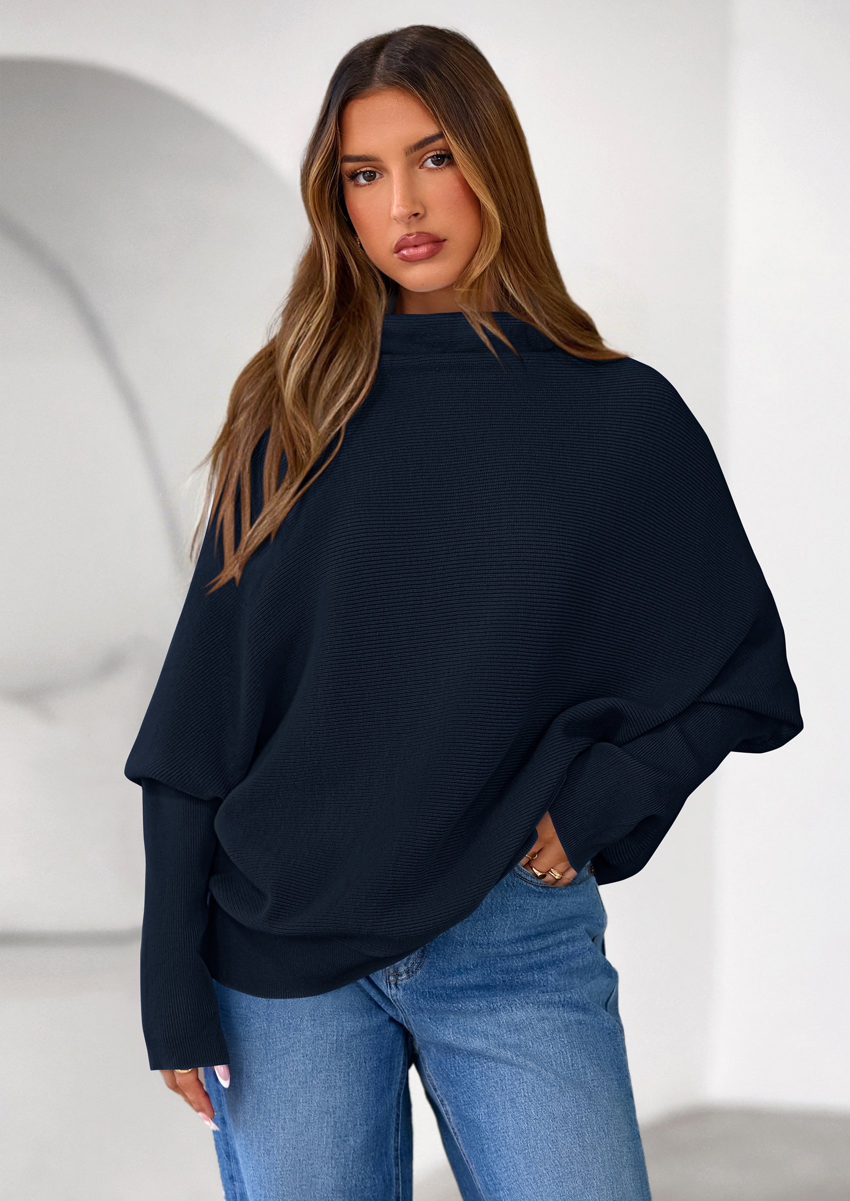 Womens Sweaters Fall Fashion Casual Loose Turtleneck Batwing Long Sleeve Knit Sweater Pullover Tops