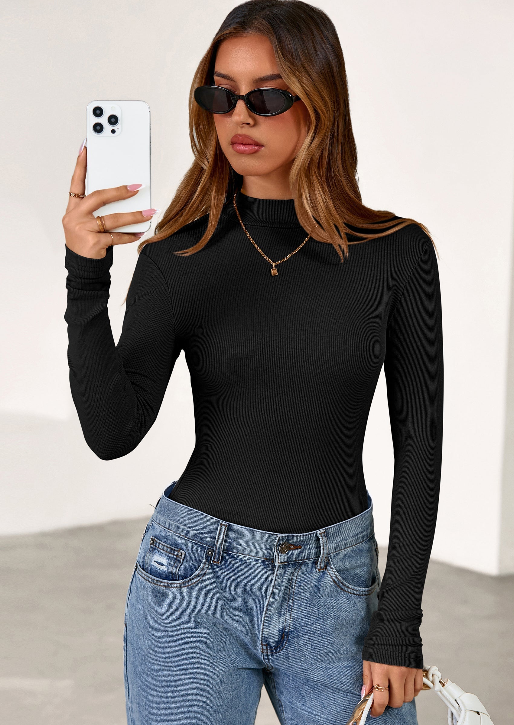 Women's Turtleneck Long Sleeve Shirts Fall Basic Tees Ribbed Fitted Tops Thermal Layering Knit Top Clothes